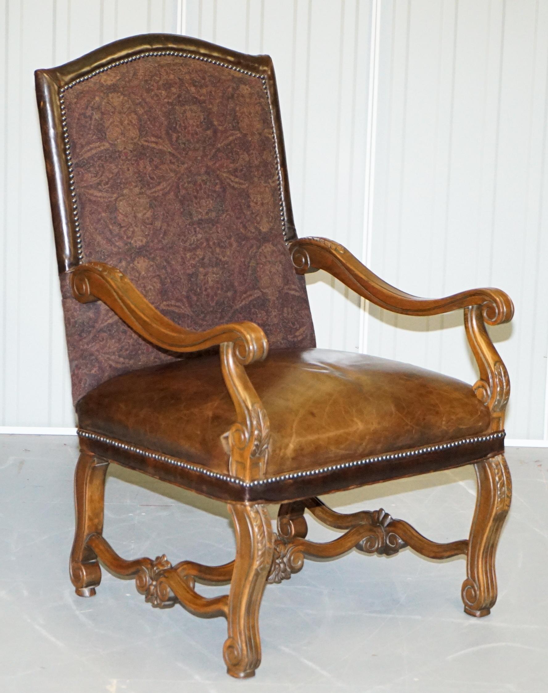 Pair of Ralph Lauren Edmund Brown Leather & Fabric Upholstered Throne Armchairs 7