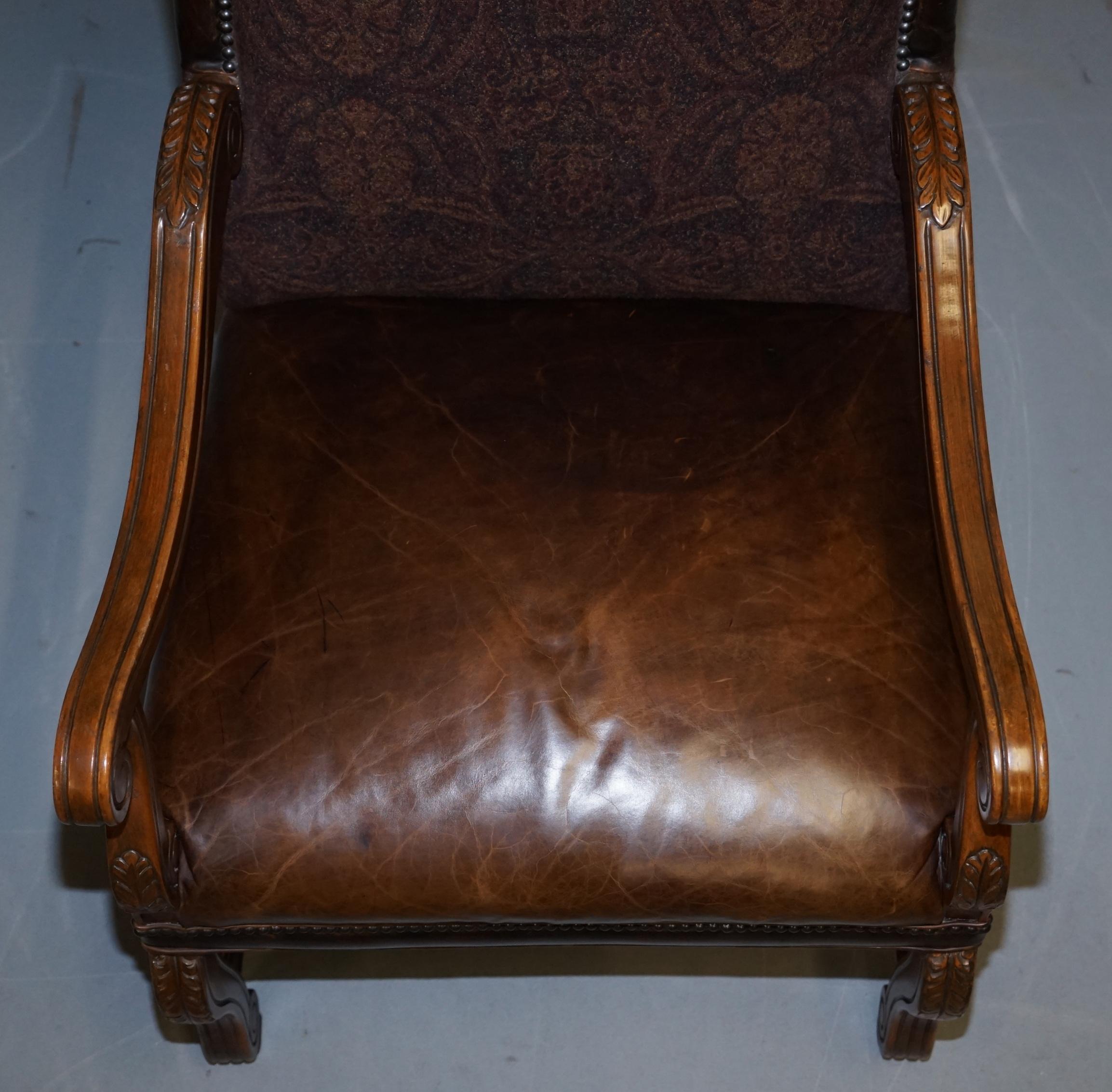 Pair of Ralph Lauren Edmund Brown Leather & Fabric Upholstered Throne Armchairs 11