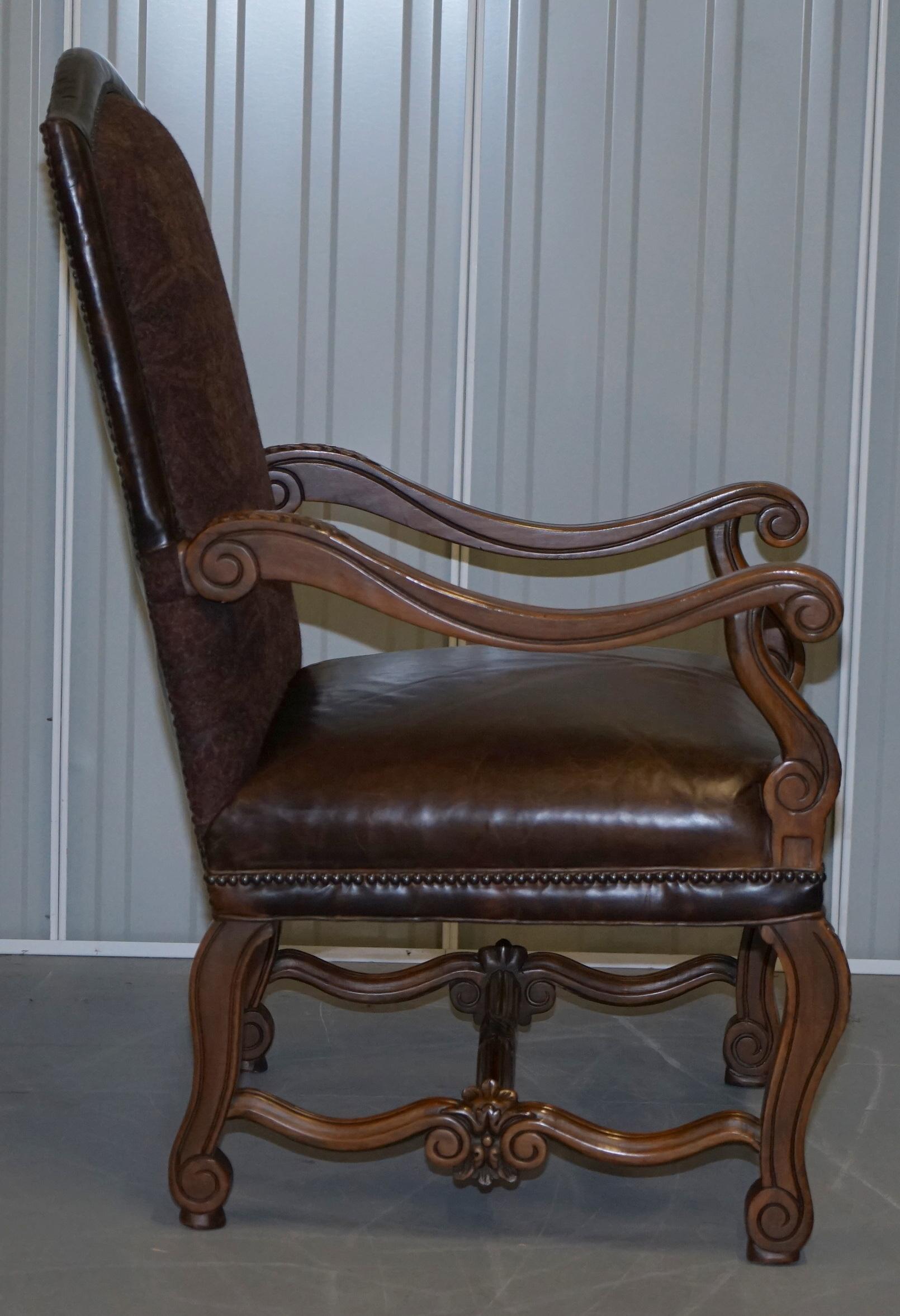 Pair of Ralph Lauren Edmund Brown Leather & Fabric Upholstered Throne Armchairs 13