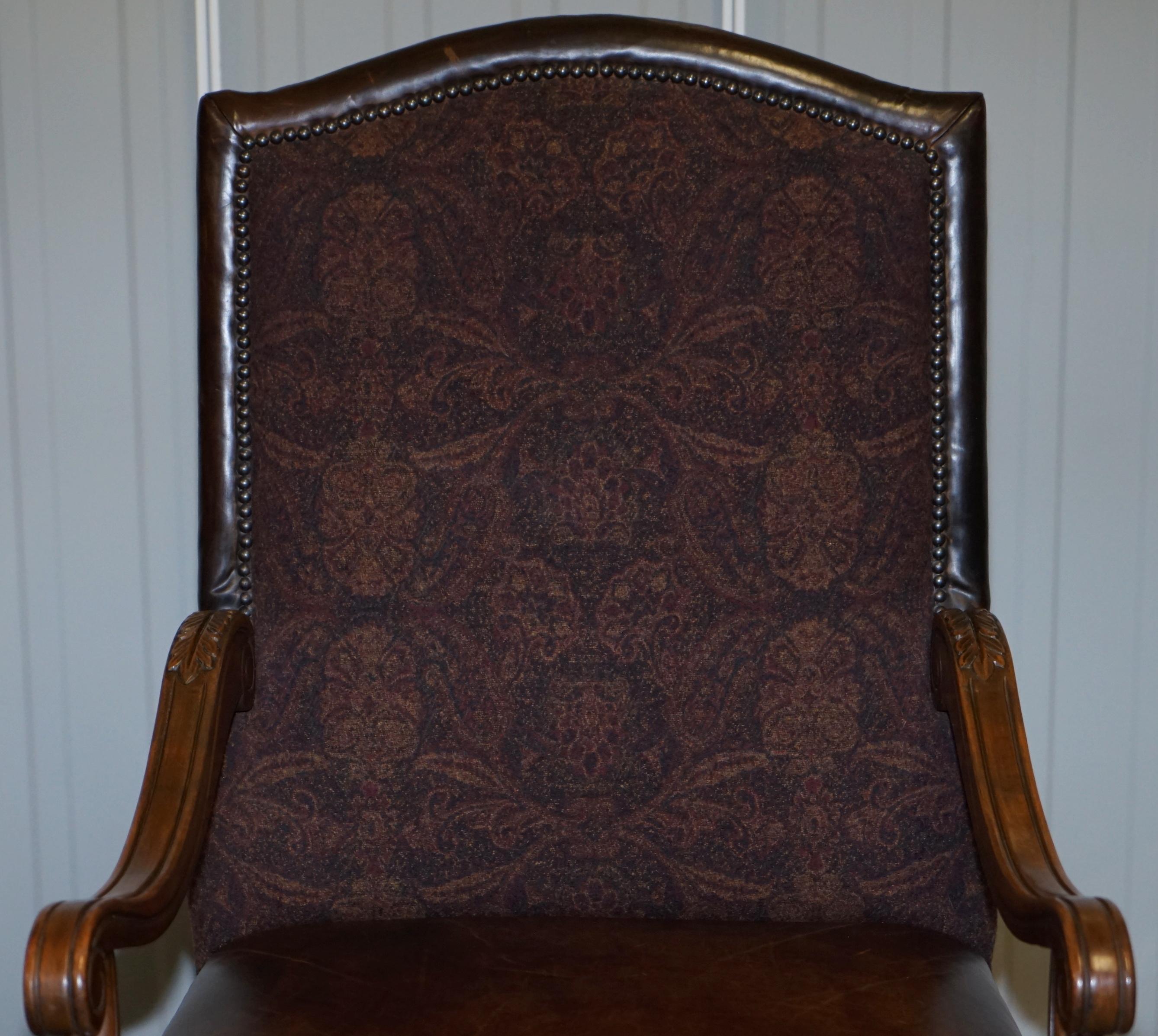 English Pair of Ralph Lauren Edmund Brown Leather & Fabric Upholstered Throne Armchairs