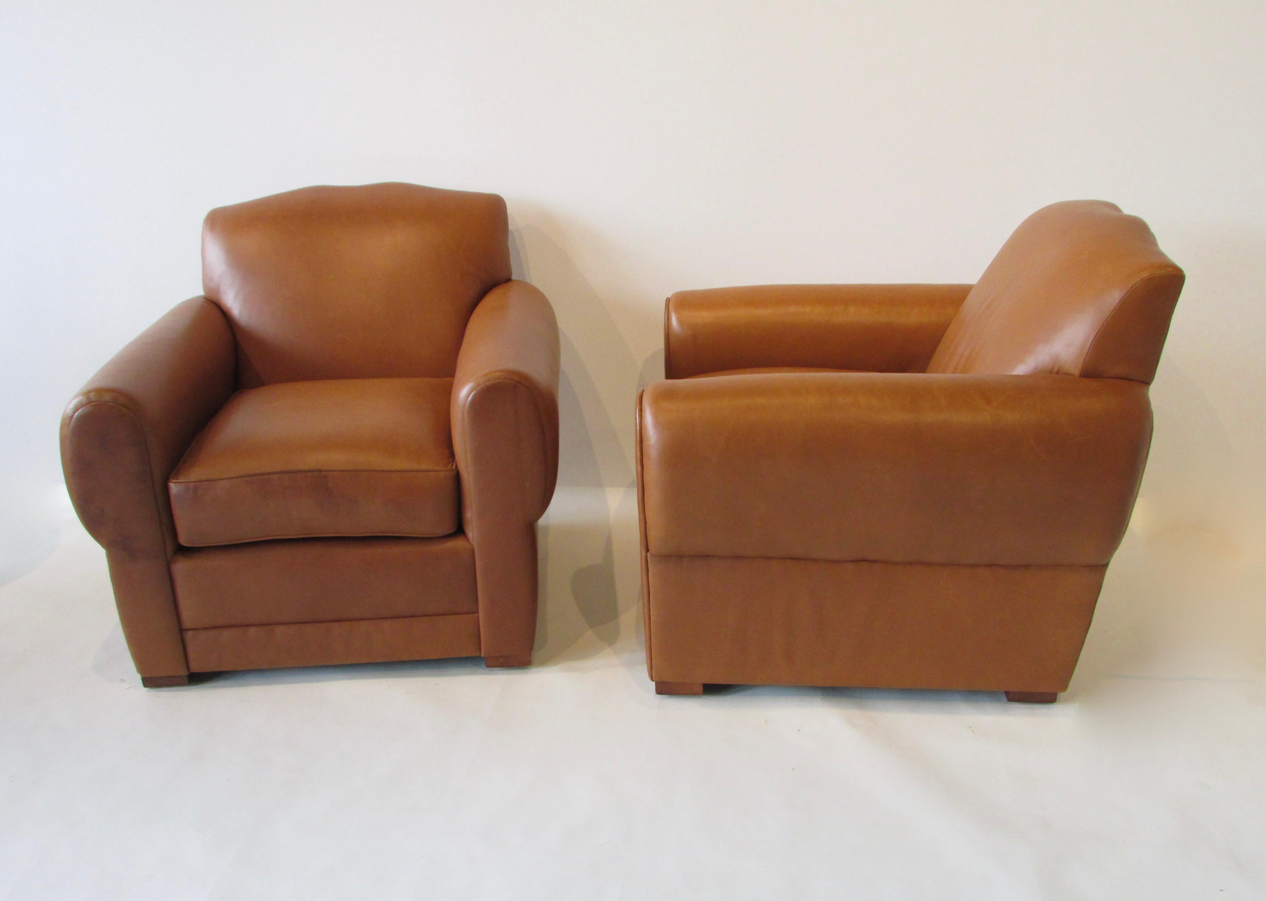 Ralph Laurens french Art Deco styled chairs. Produced by Henredon. Covered in soft supple leather. Big and comfortable. Light wear shows more as patina than wear or age. Chairs are 36