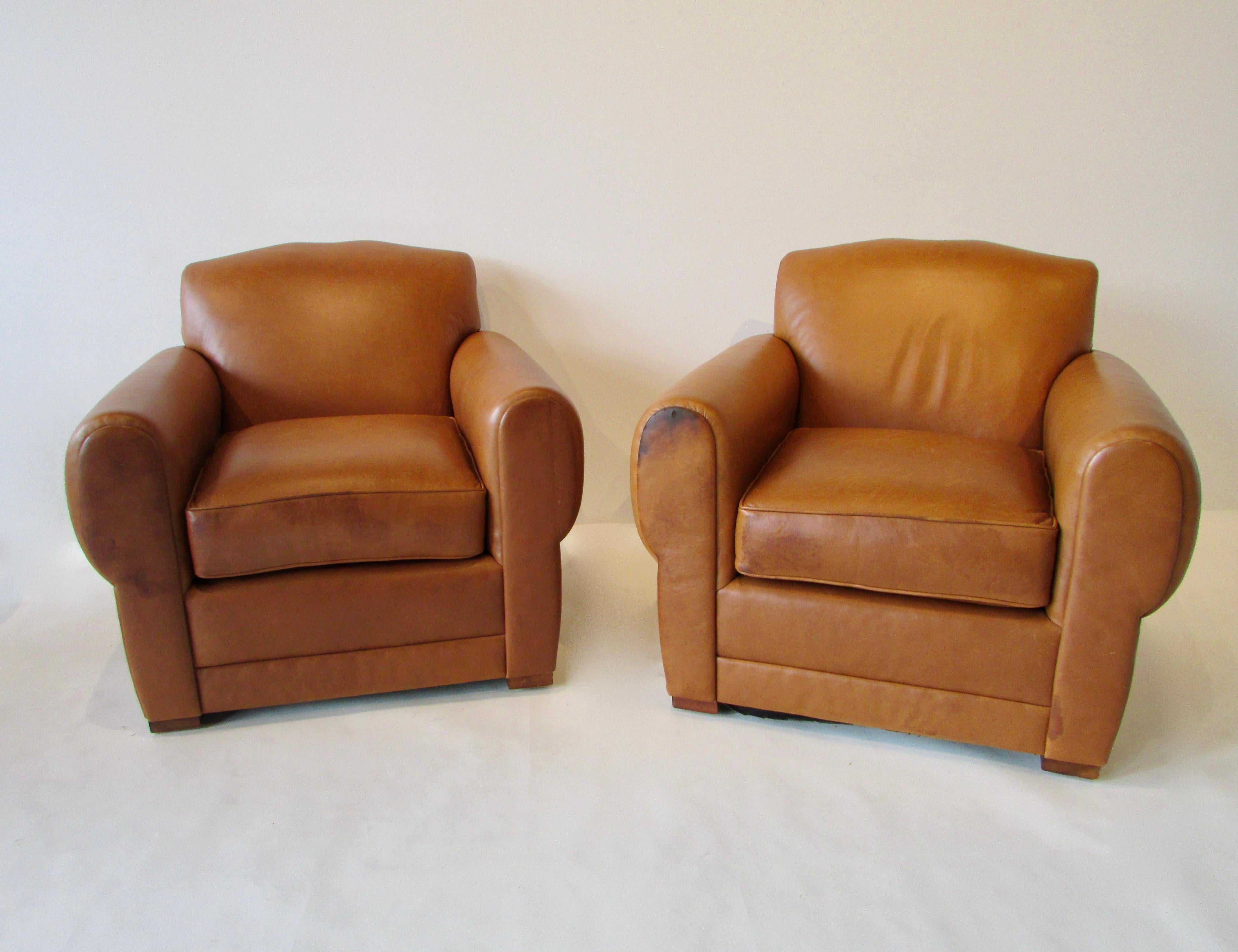American Pair of Ralph Lauren for Henredon French Art Deco Style Leather Club Chairs