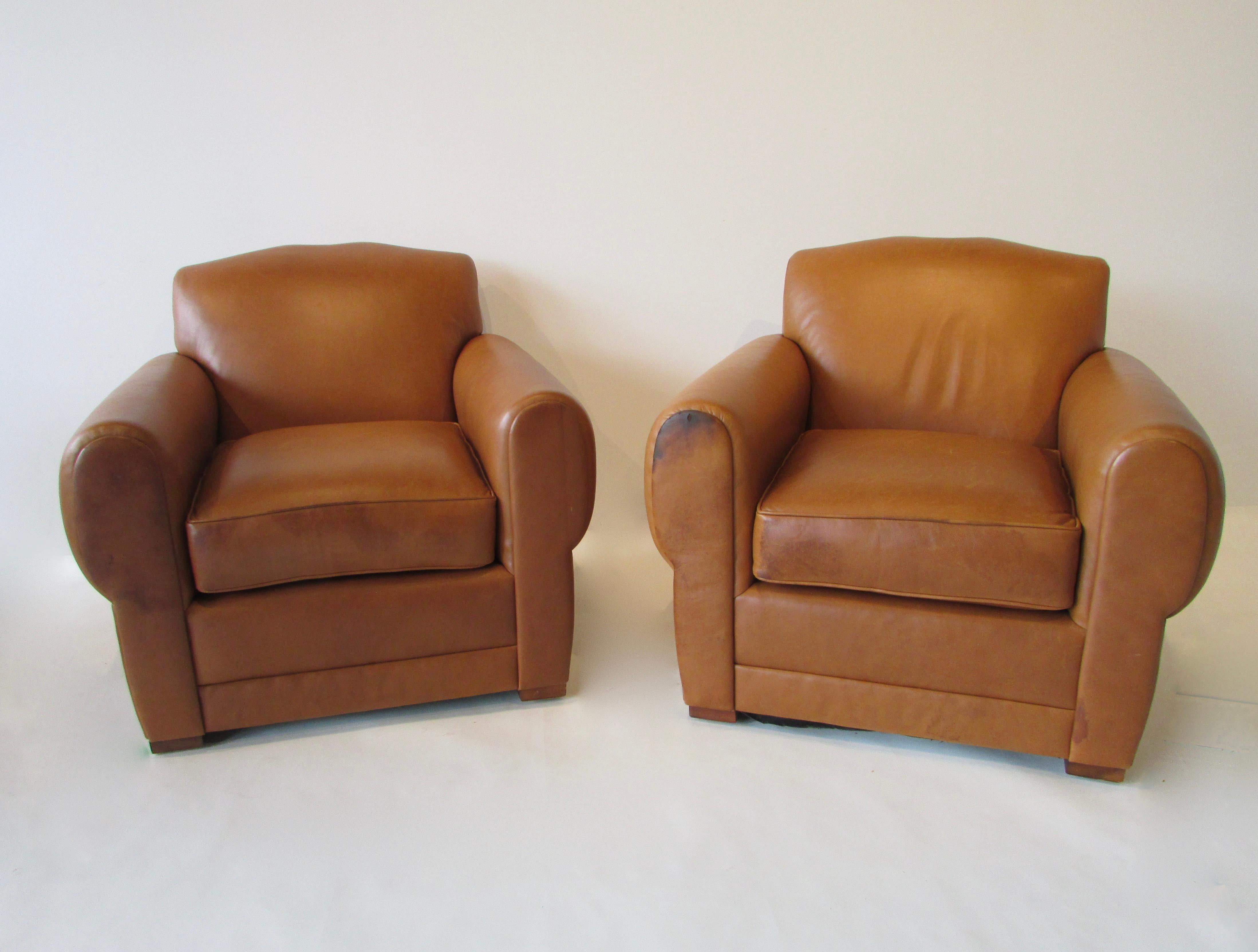 Pair of Ralph Lauren for Henredon French Art Deco Style Leather Club Chairs In Good Condition In Ferndale, MI