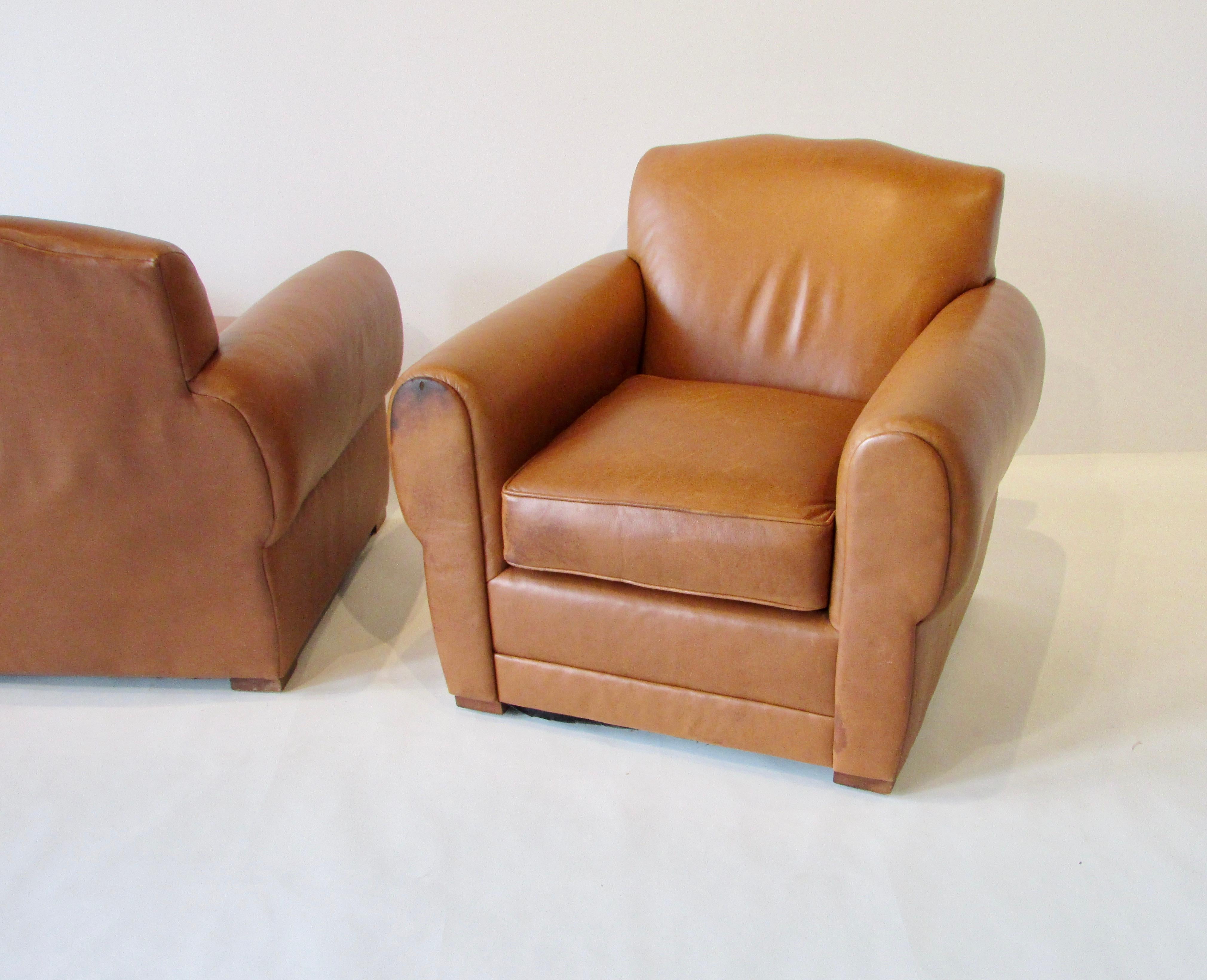 Late 20th Century Pair of Ralph Lauren for Henredon French Art Deco Style Leather Club Chairs