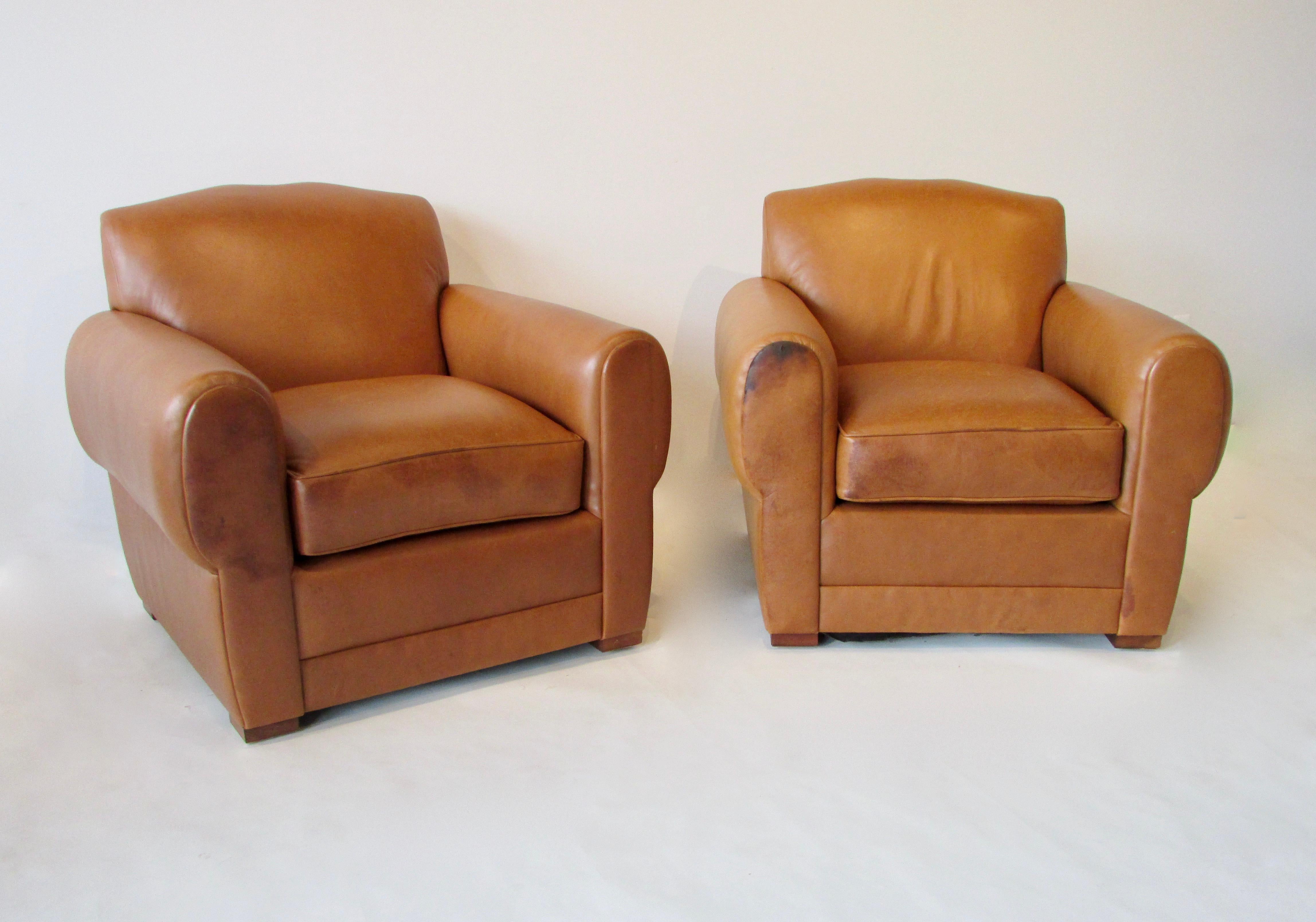Pair of Ralph Lauren for Henredon French Art Deco Style Leather Club Chairs 1