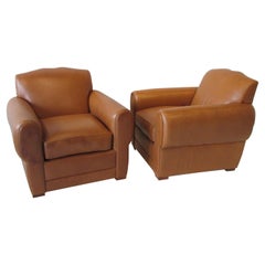 Vintage Pair of Ralph Lauren for Henredon French Art Deco Style Leather Club Chairs