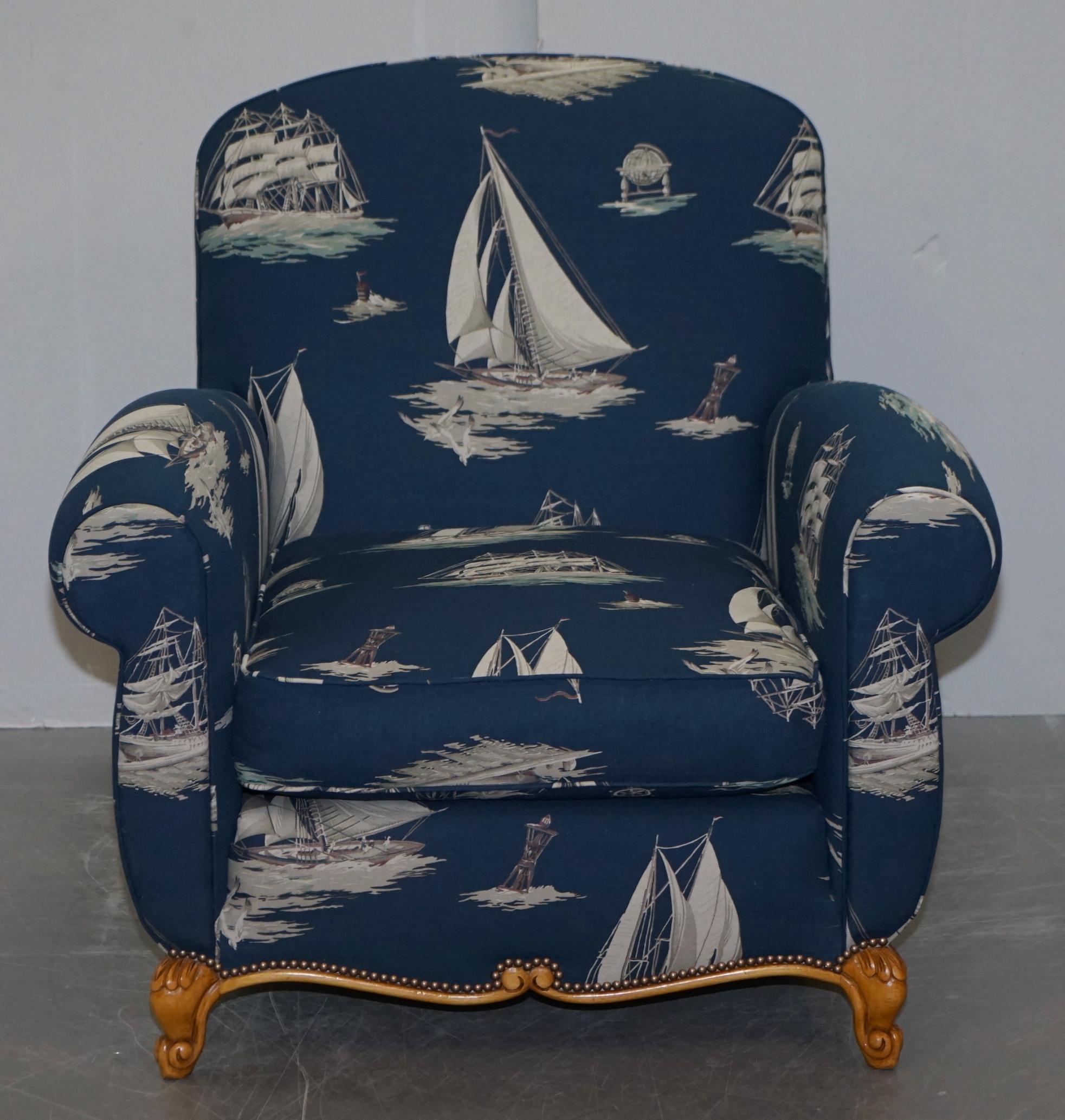 Pair of Ralph Lauren French Club Armchairs Down Easter Boats Nautical Upholstery 10