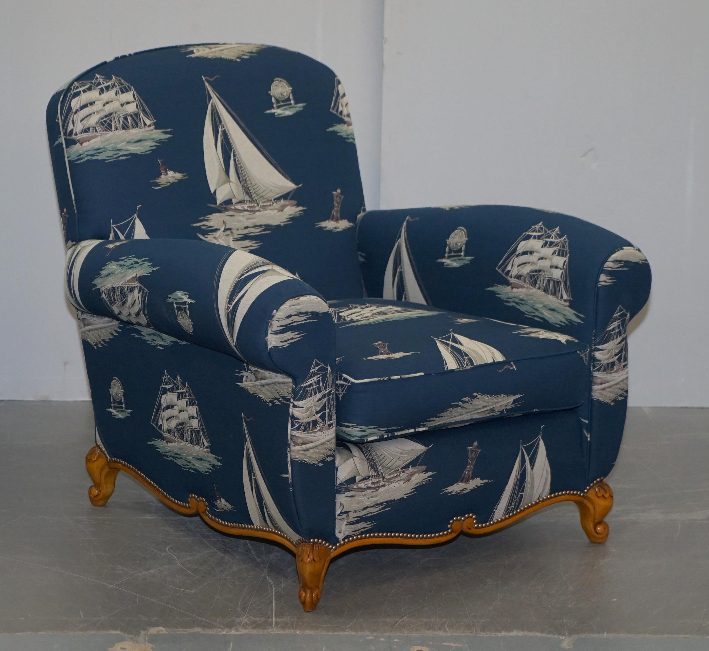 We are delighted to offer for sale this pair of custom made new Ralph Lauren French club armchairs upholstered in Ralph Lauren “Down Easter Boats” nautical upholstery RRP £18,000 GBP.

These are a custom made to order pair, they were purchased as