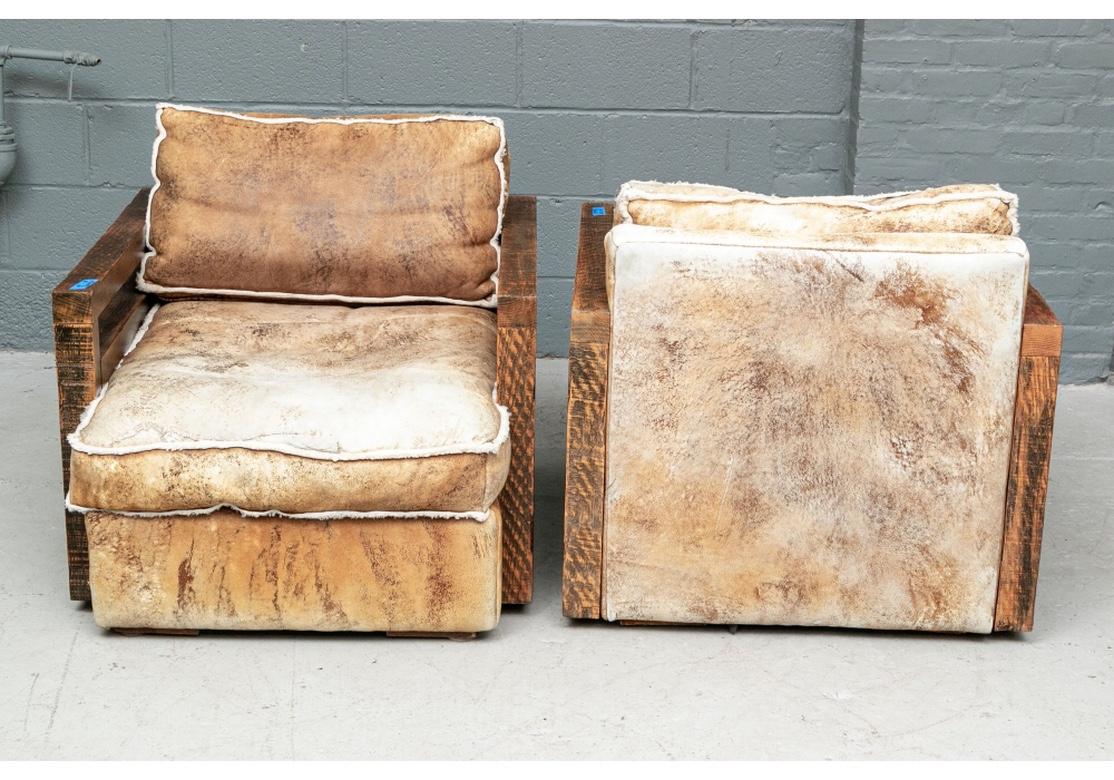 Pair of Ralph Lauren Hewn Oak Frame Sheep Skin Club Chairs For Sale 7