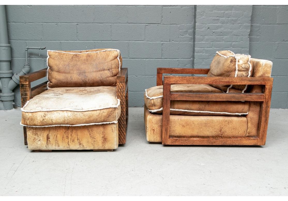 20th Century Pair of Ralph Lauren Hewn Oak Frame Sheep Skin Club Chairs For Sale