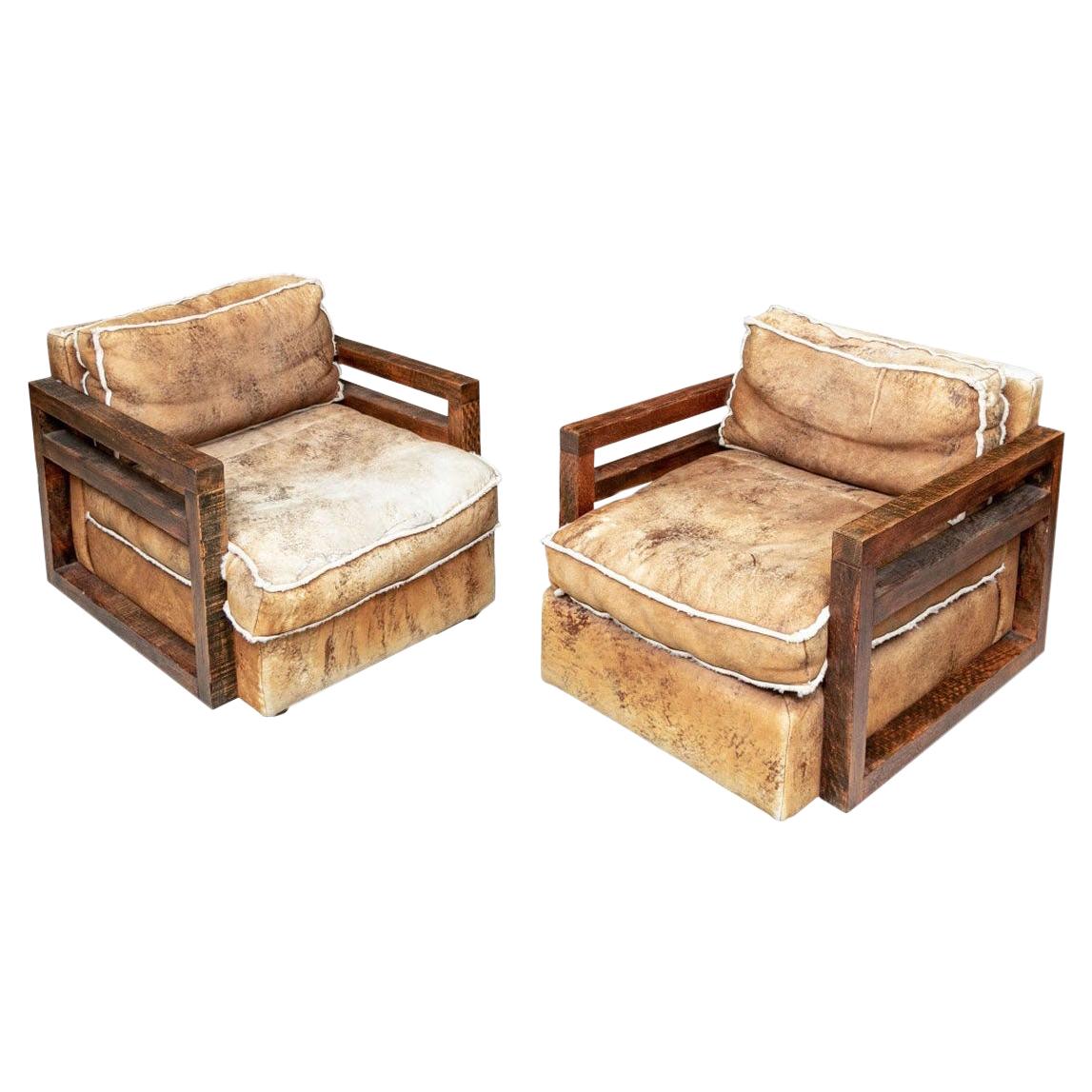 Pair of Ralph Lauren Hewn Oak Frame Sheep Skin Club Chairs For Sale