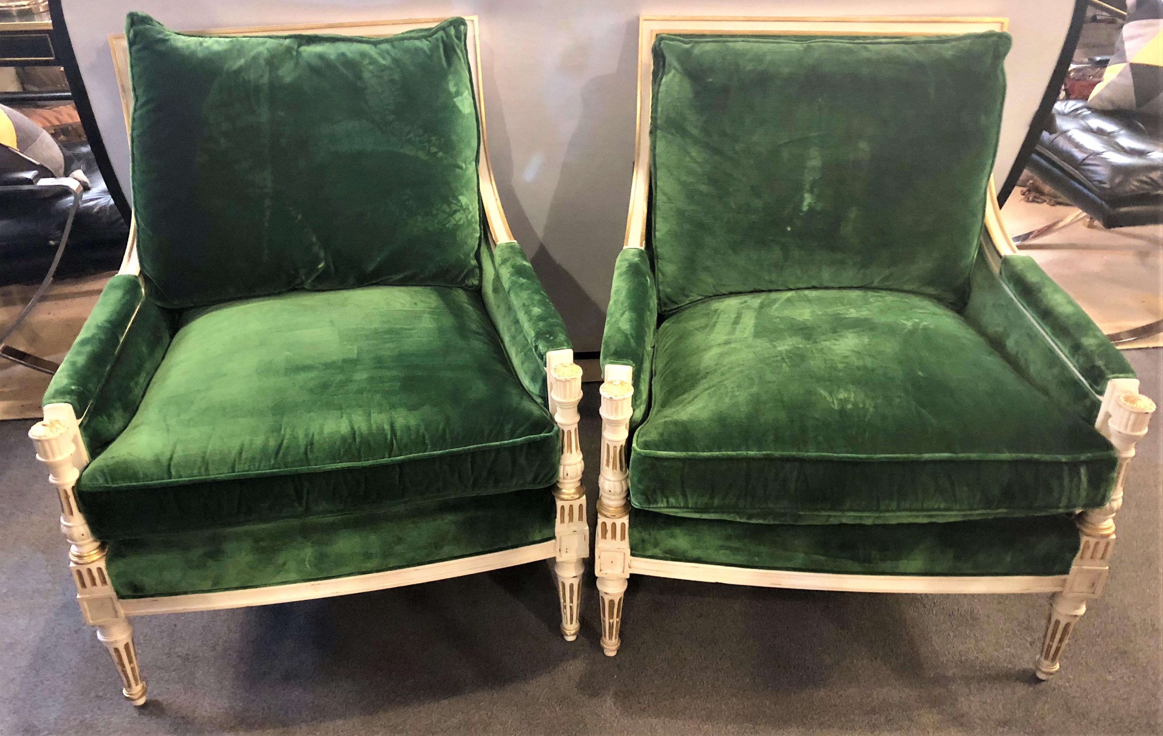  Pair of Ralph Lauren Louis XVI Style Green Velvet Upholstered Painted Bergeres  6