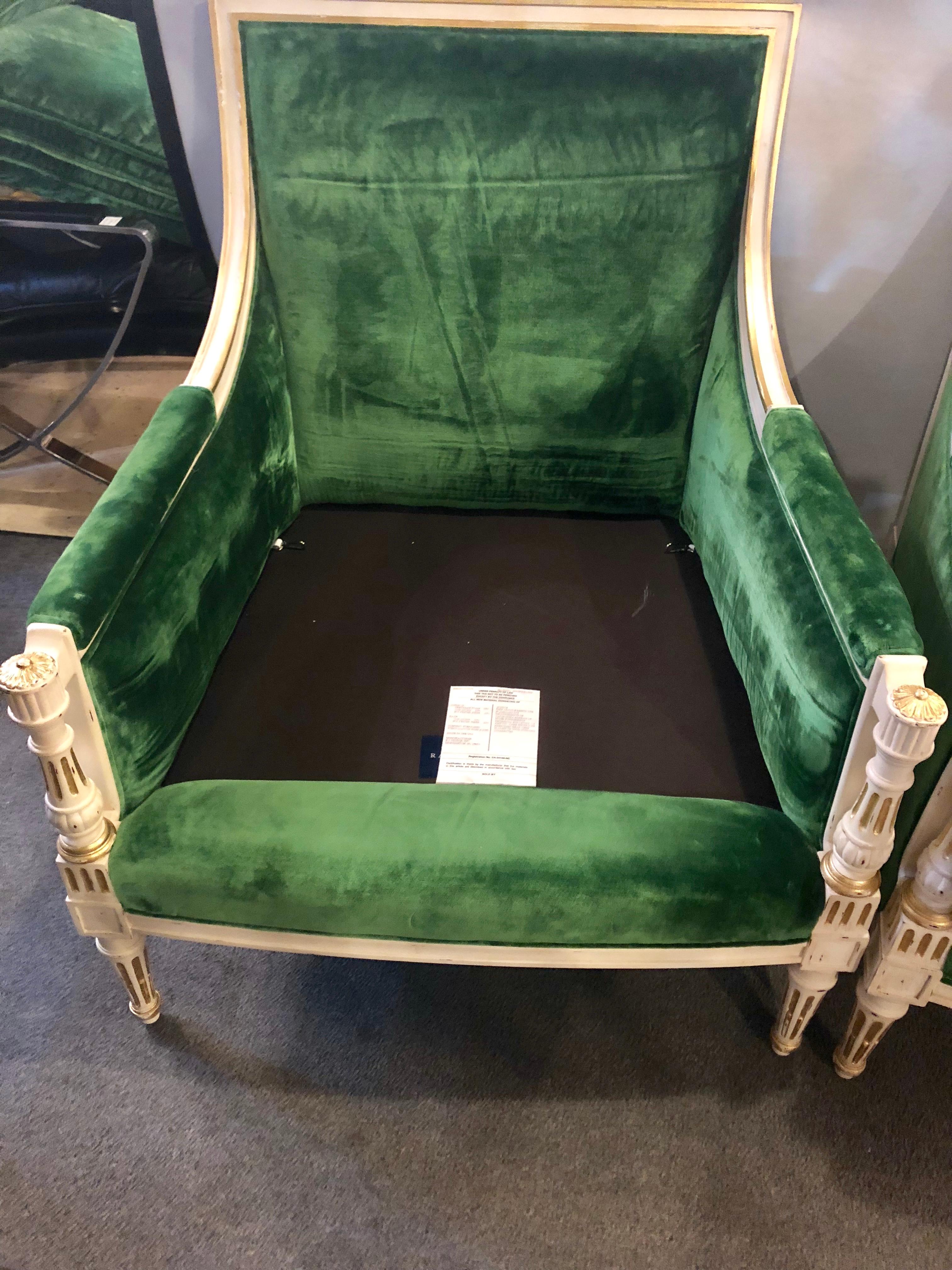  Pair of Ralph Lauren Louis XVI Style Green Velvet Upholstered Painted Bergeres  8