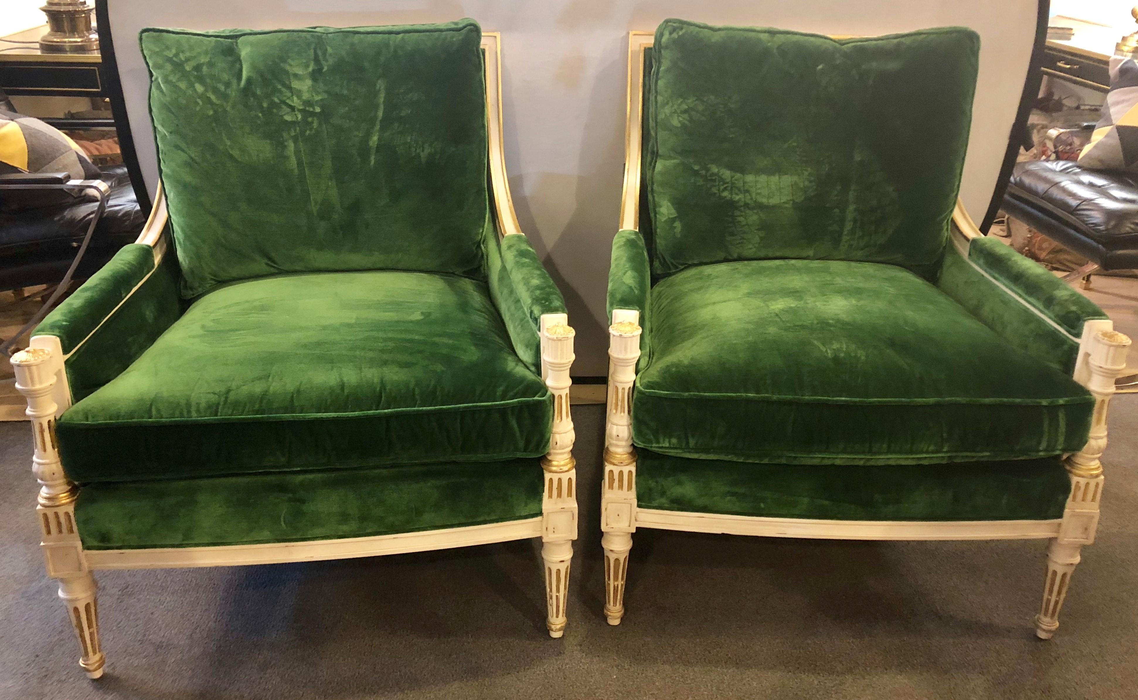  Pair of Ralph Lauren Louis XVI Style Green Velvet Upholstered Painted Bergeres  12