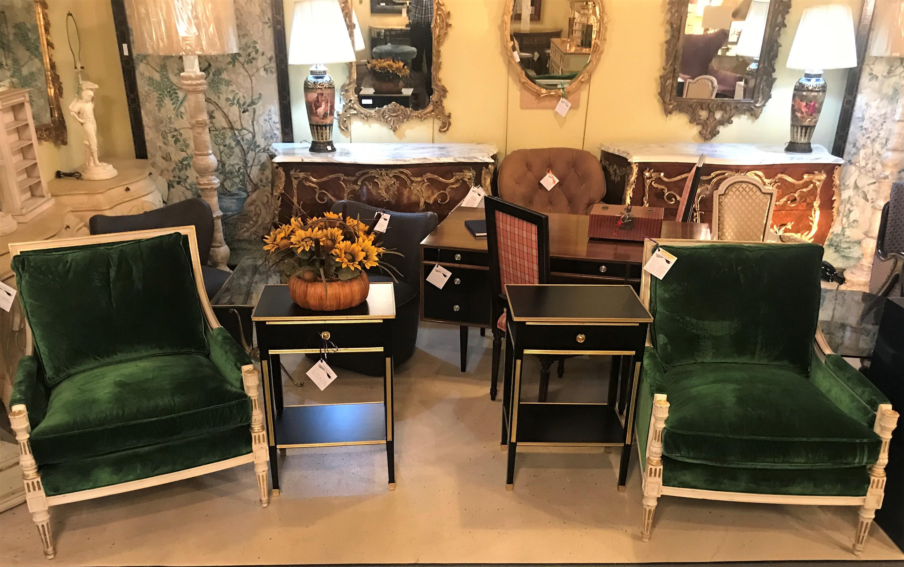  Pair of Ralph Lauren Louis XVI Style Green Velvet Upholstered Painted Bergeres  In Good Condition In Stamford, CT