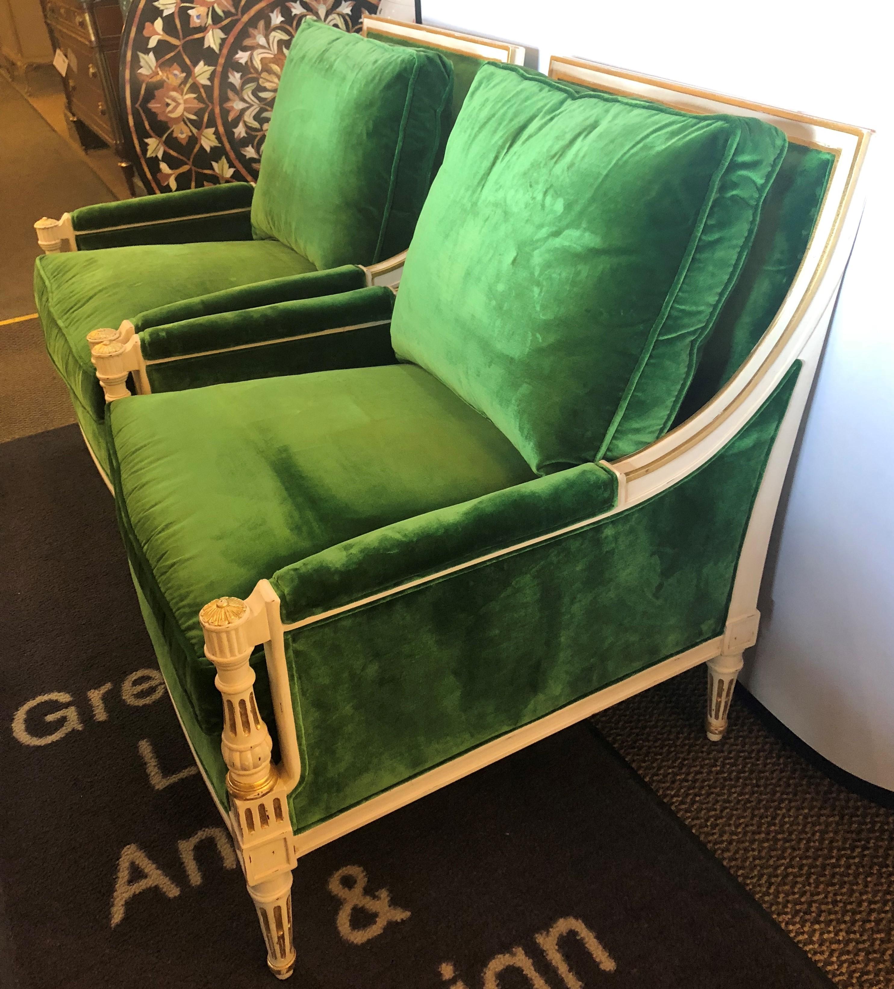 20th Century  Pair of Ralph Lauren Louis XVI Style Green Velvet Upholstered Painted Bergeres 