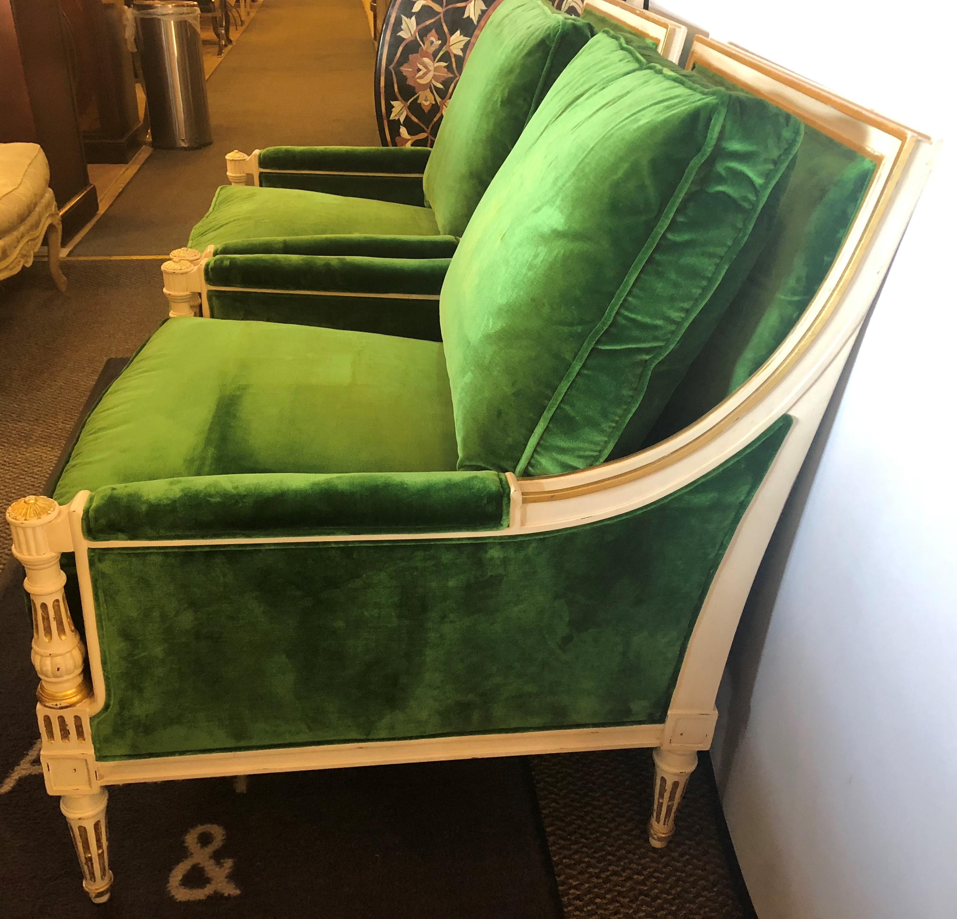  Pair of Ralph Lauren Louis XVI Style Green Velvet Upholstered Painted Bergeres  1
