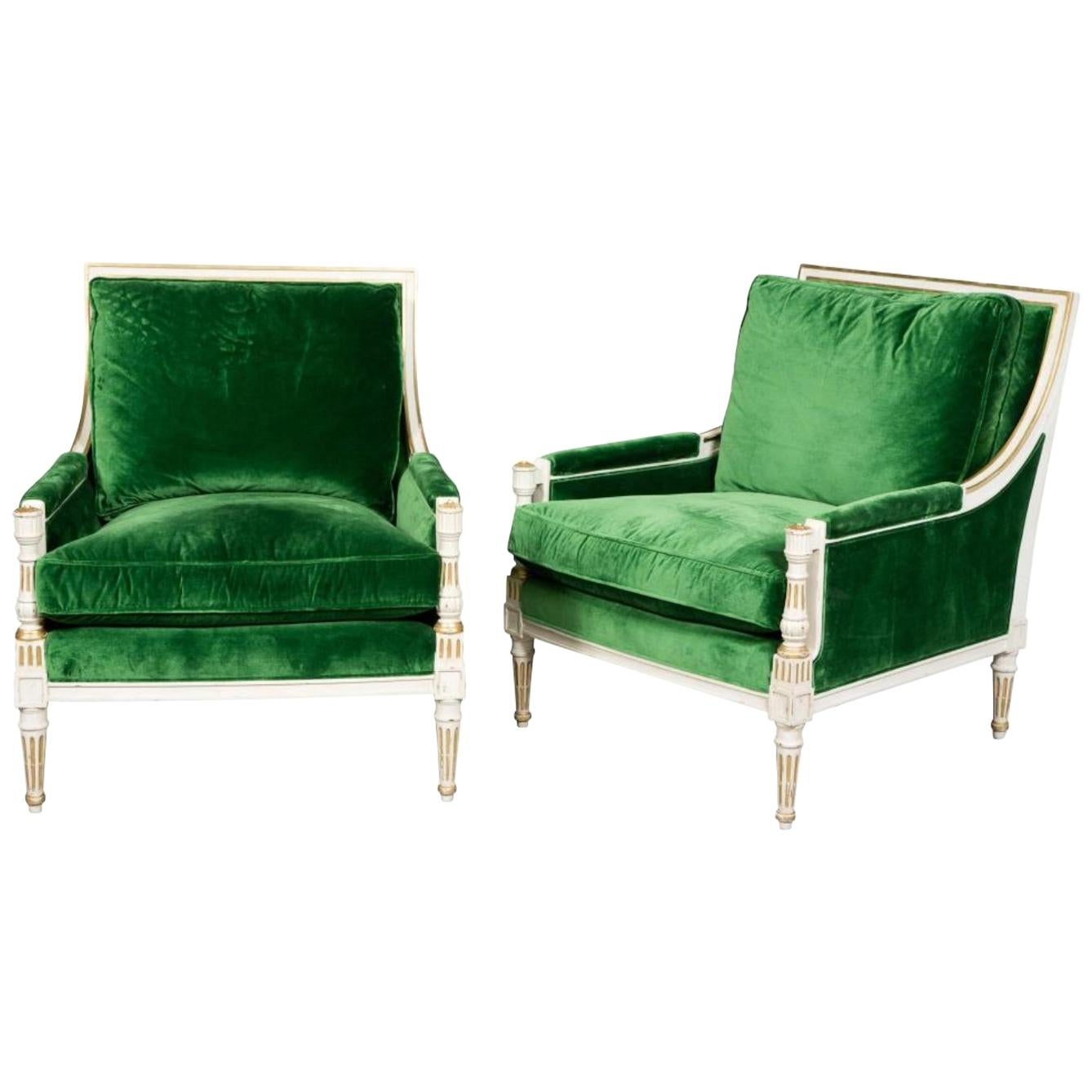  Pair of Ralph Lauren Louis XVI Style Green Velvet Upholstered Painted Bergeres 