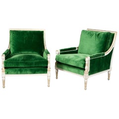  Pair of Ralph Lauren Louis XVI Style Green Velvet Upholstered Painted Bergeres 