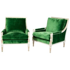Pair of Ralph Lauren Louis XVI Style Green Velvet Upholstered Painted Bergeres