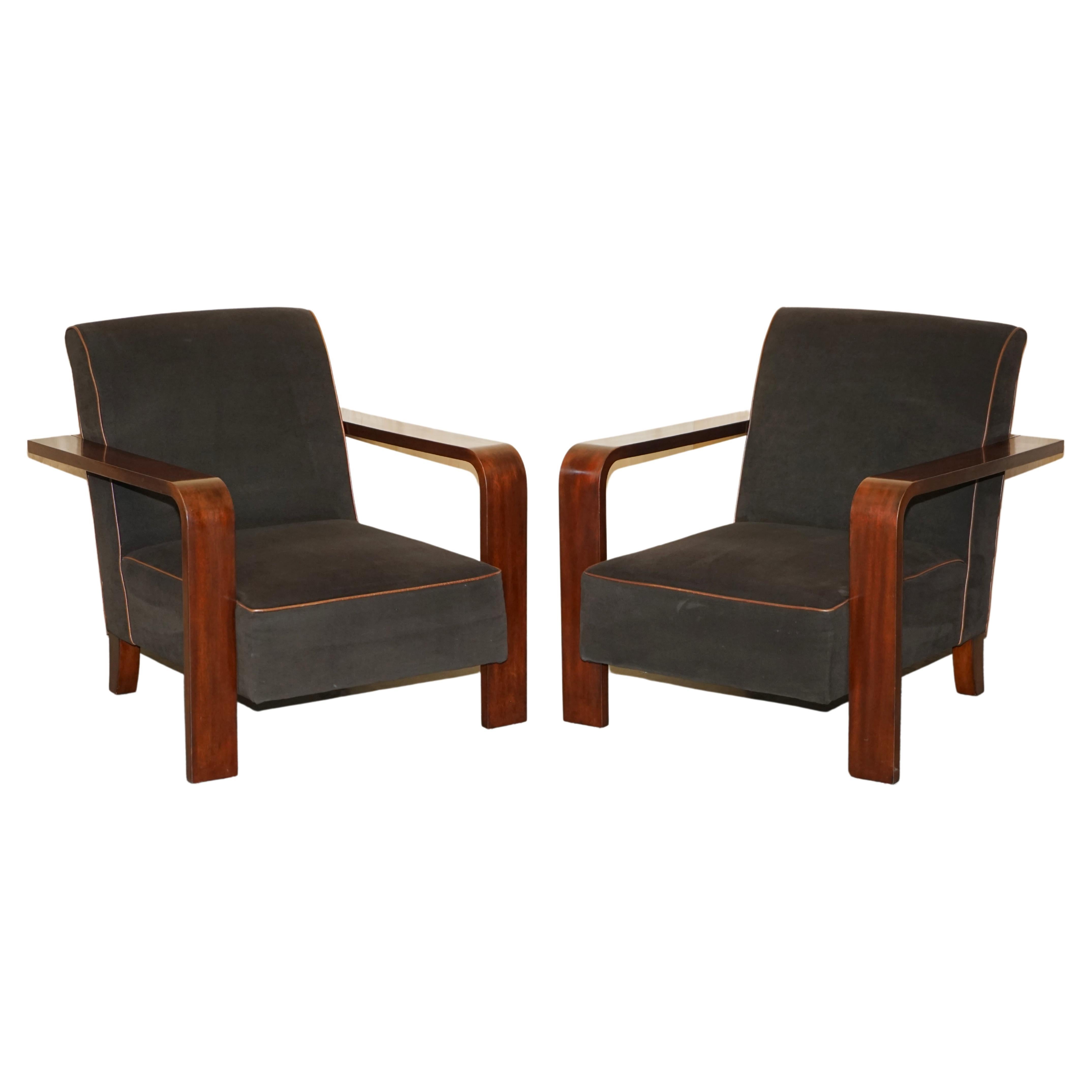 PAIR OF RALPH LAUREN LOUNGE MODERNE HARDWOOD ARMCHAiRS MOHAIR LEATHEr For Sale