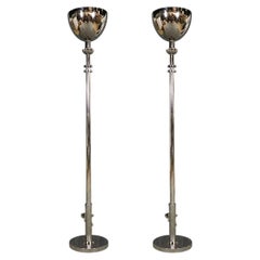 Pair of Ralph Lauren Polished Nickel Layne Torchiere Floor Lamps