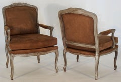 Pair of Ralph Lauren Silver Fauteuils Chairs with Brown Suede