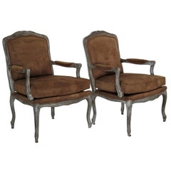 Pair of Ralph Lauren Silver Fauteuils Chairs with Brown Suede