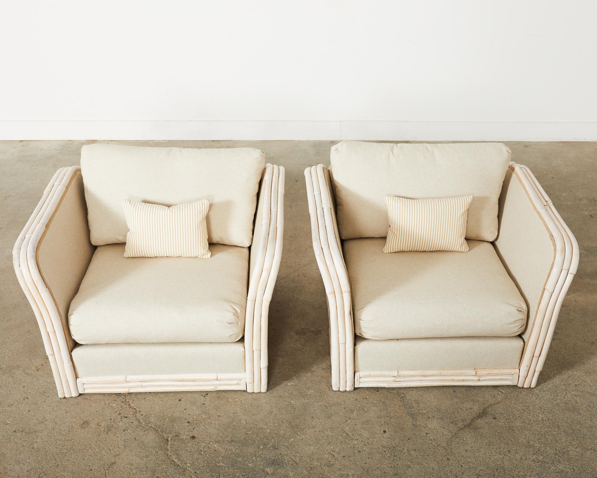 Pair of Ralph Lauren Style Cerused Rattan Bamboo Lounge Chairs In Good Condition In Rio Vista, CA