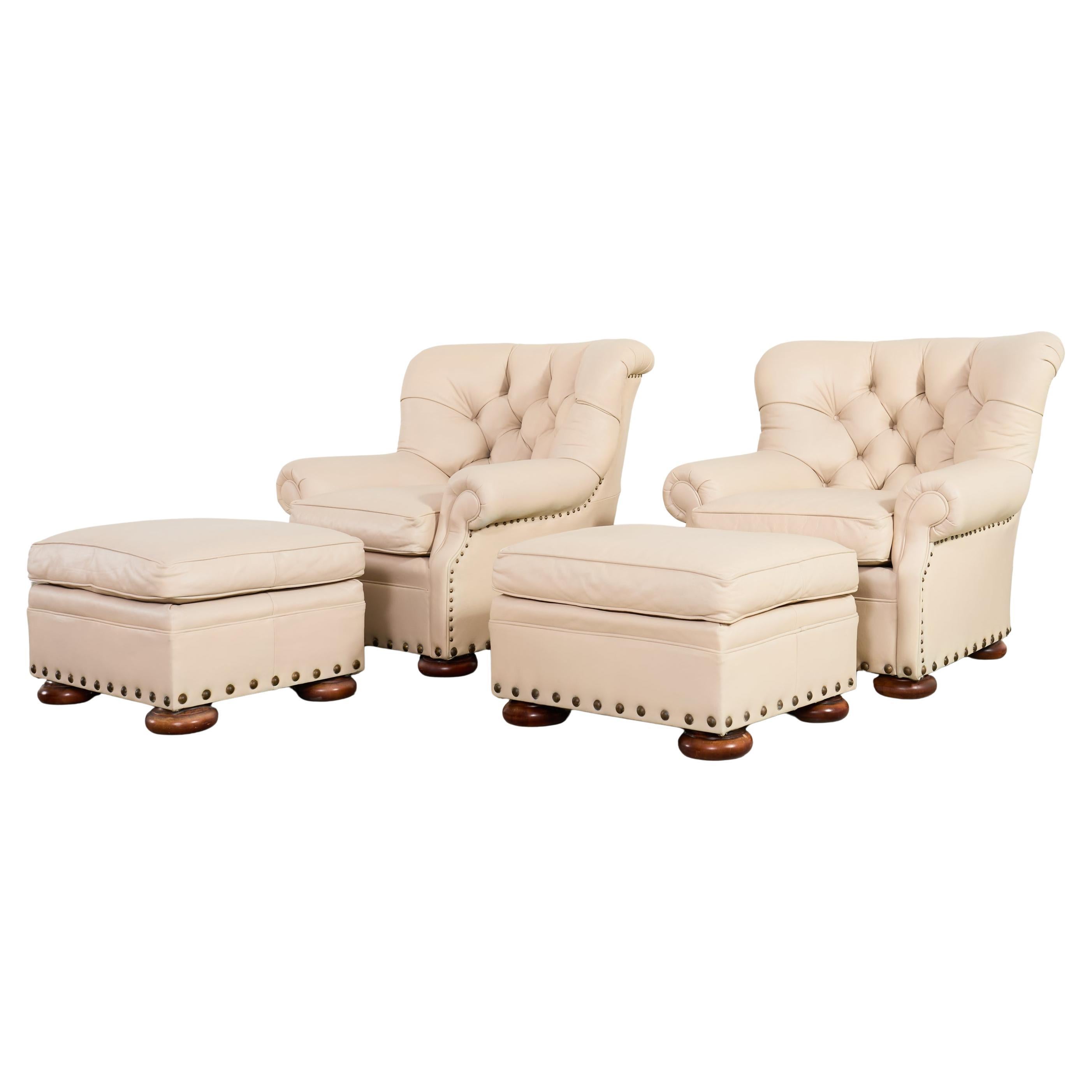 Pareja de Sillones de Escritor de Piel Estilo Ralph Lauren + Otomanas en venta