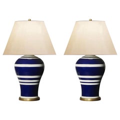 Pair of Ralph Lauren Table Lamps in Glazed Porcelain Blue and White Modern Style