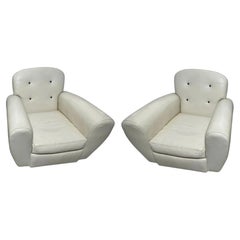 Pair of Ralph Lauren White Leather Club Chairs in the Art Deco Style