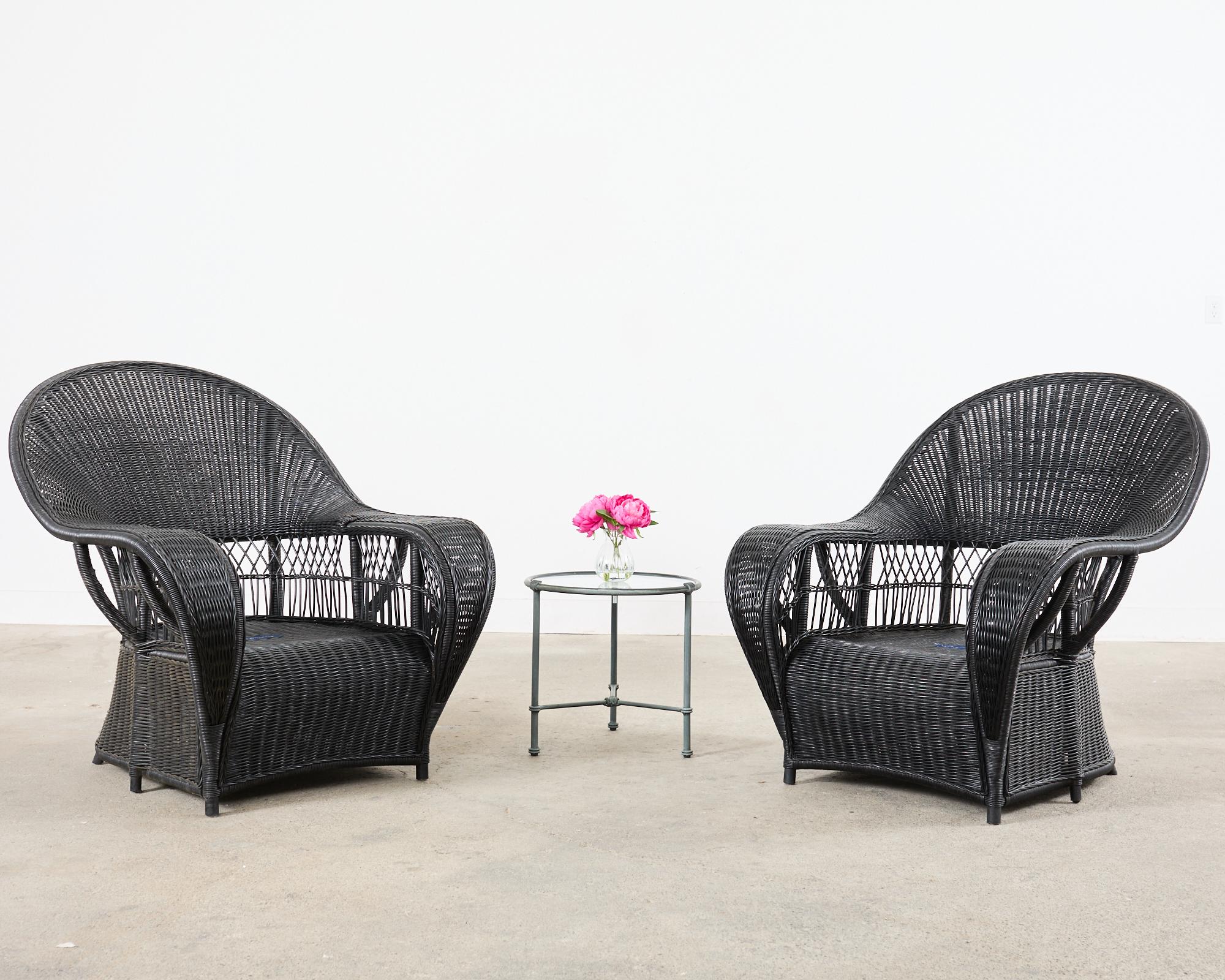 Organic Modern Pair of Ralph Lauren Wicker Rattan Garden Lounge Chairs For Sale