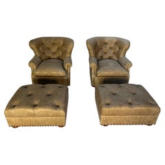 Pair of Ralph Lauren "Writers" Inspired Armchairs & Ottomans In Vintaged Walnut
