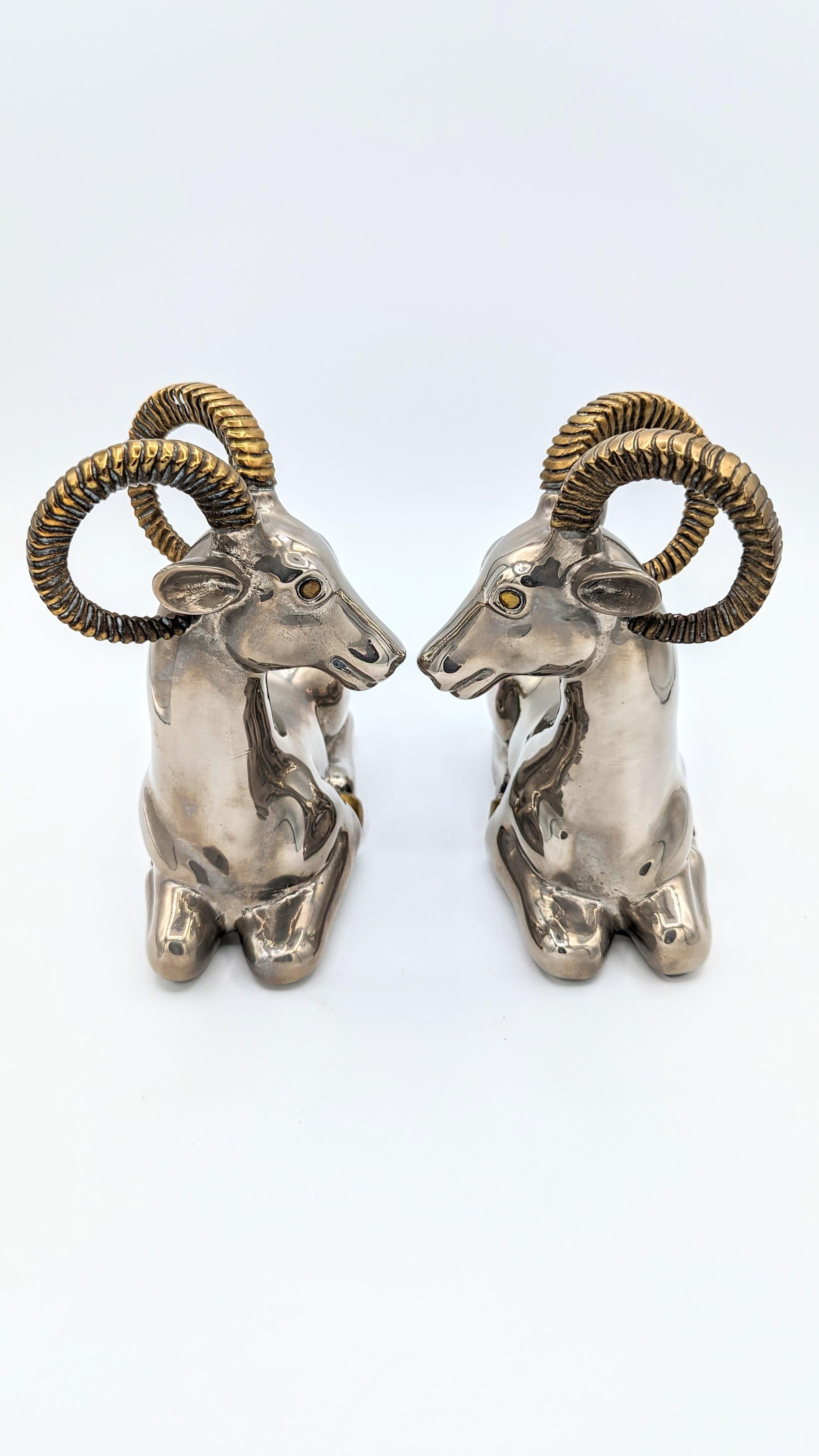 Pair of Ram Bookends in Mixed Metal, France 1970s 5