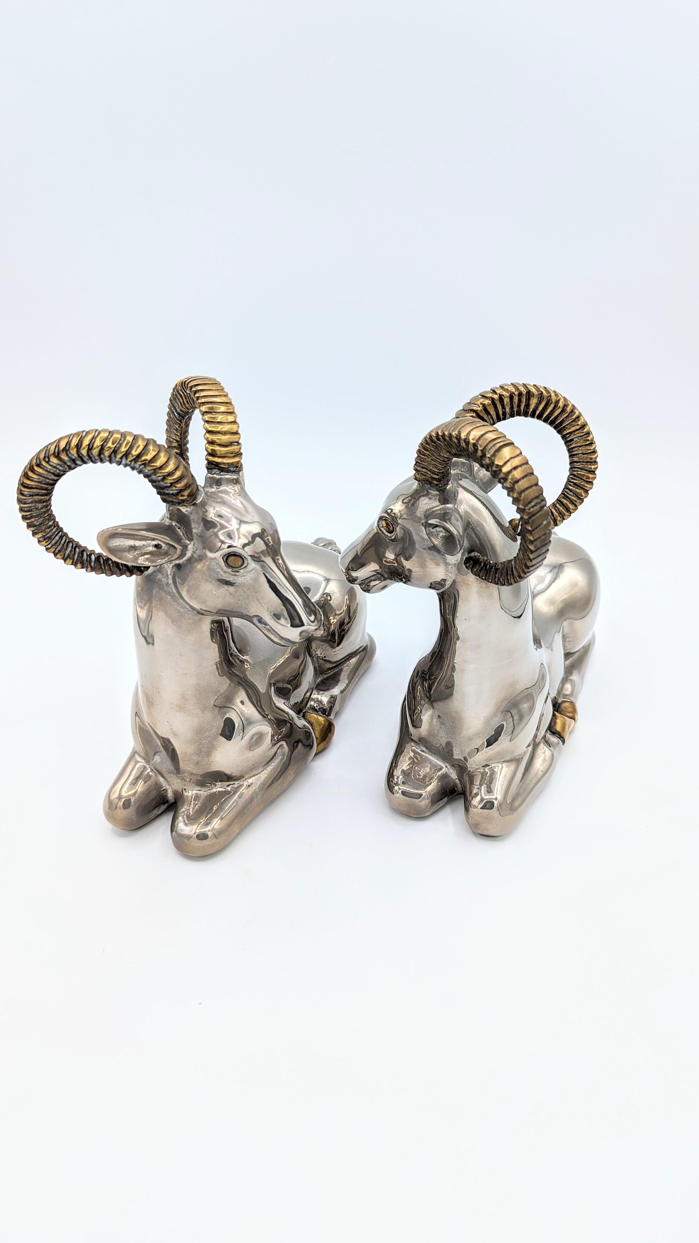 French Pair of Ram Bookends in Mixed Metal, France 1970s