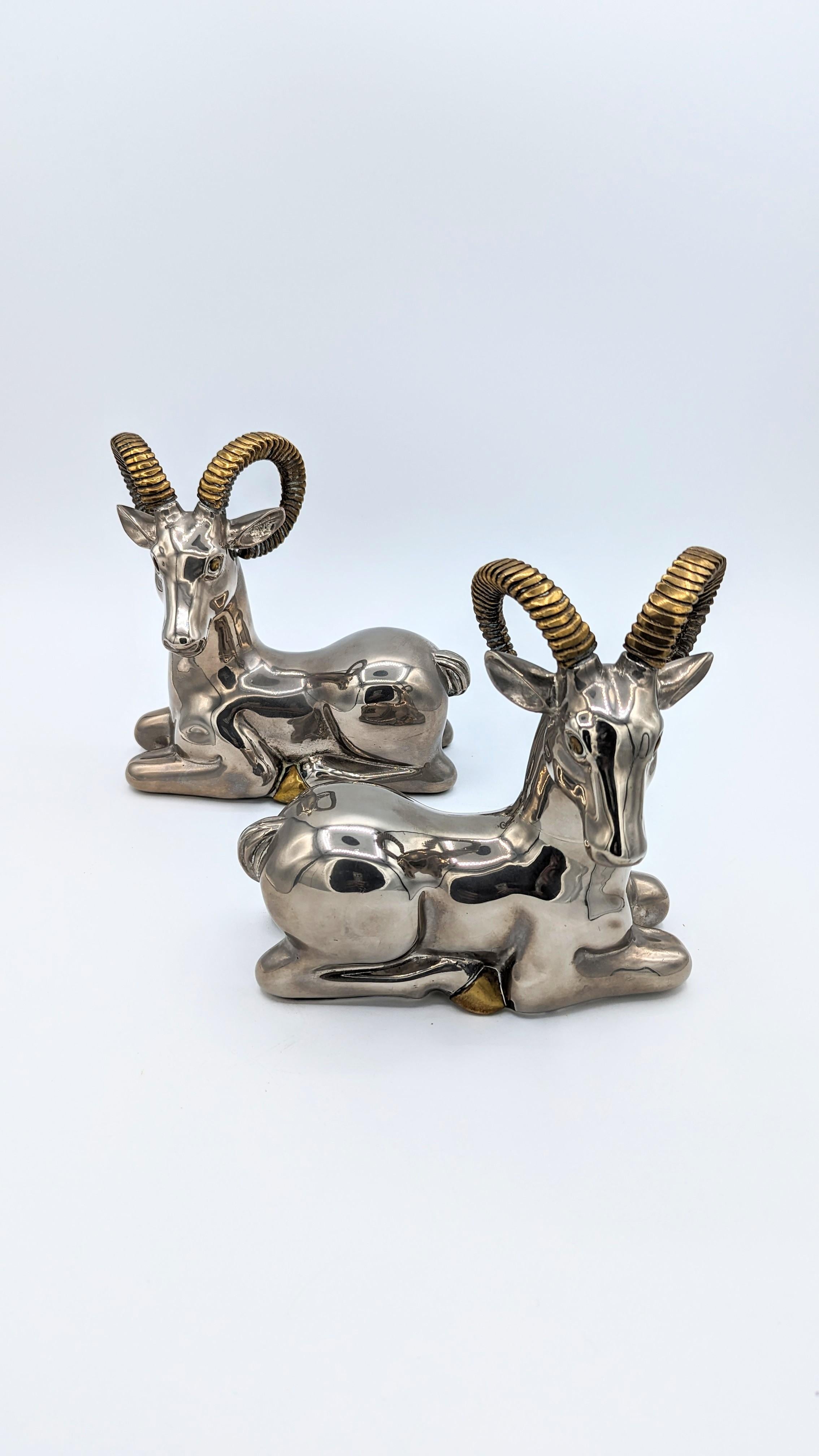 Pair of Ram Bookends in Mixed Metal, France 1970s 1