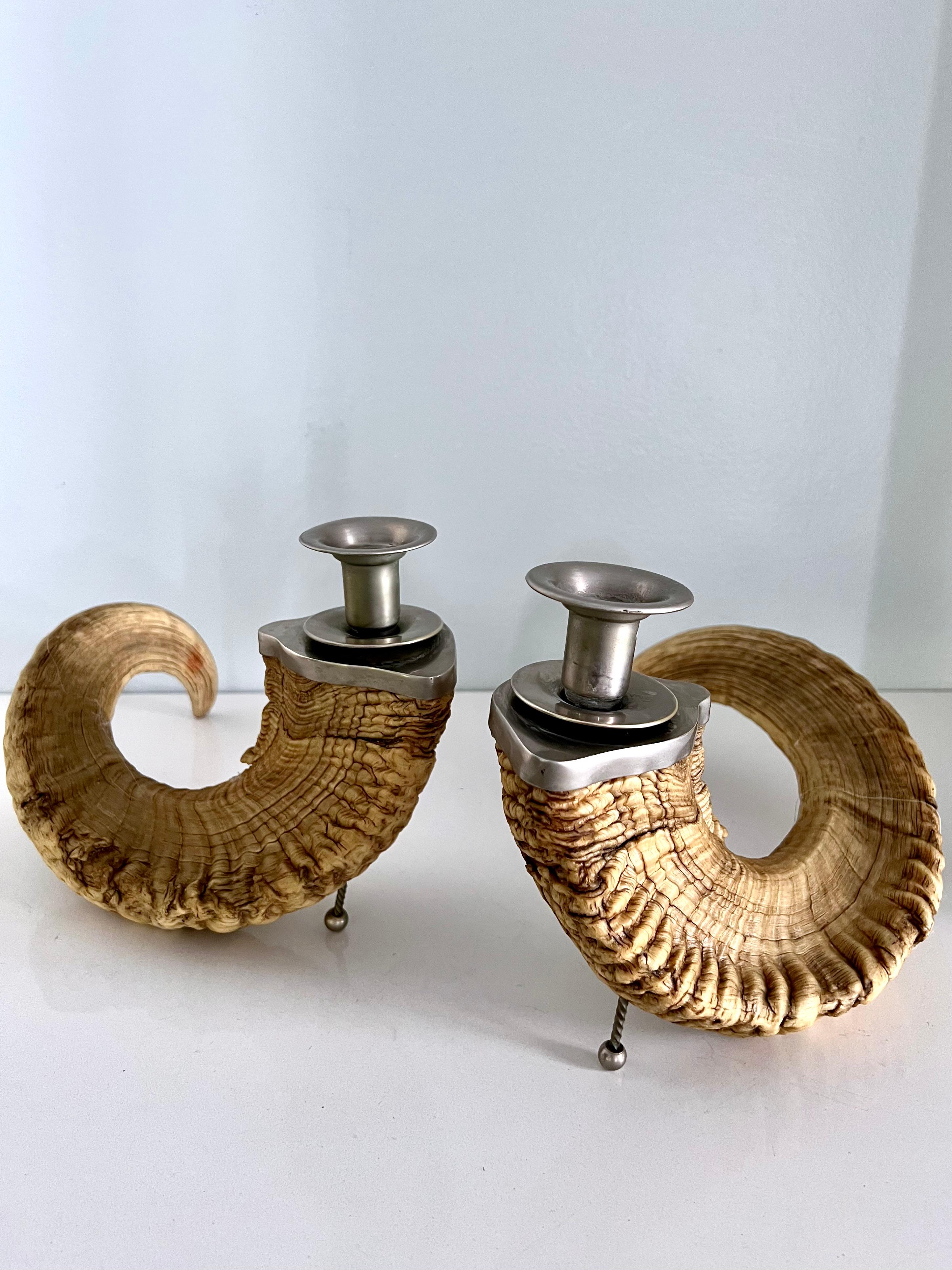 Pair of Ram Horn Candlesticks In Good Condition In Los Angeles, CA