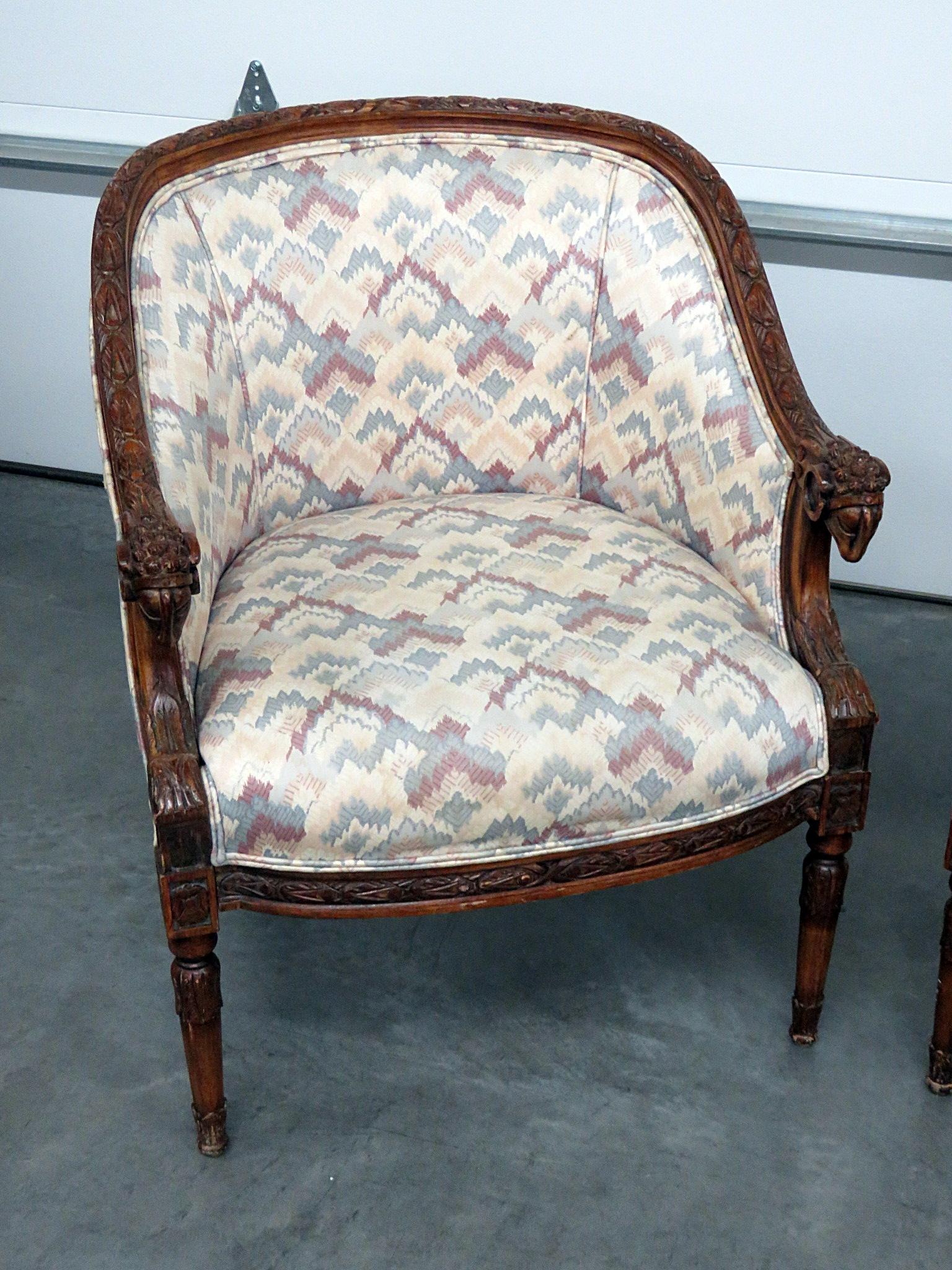 Pair of French Carved Mahogany Rams Head Bergere chairs C1940s In Good Condition In Swedesboro, NJ