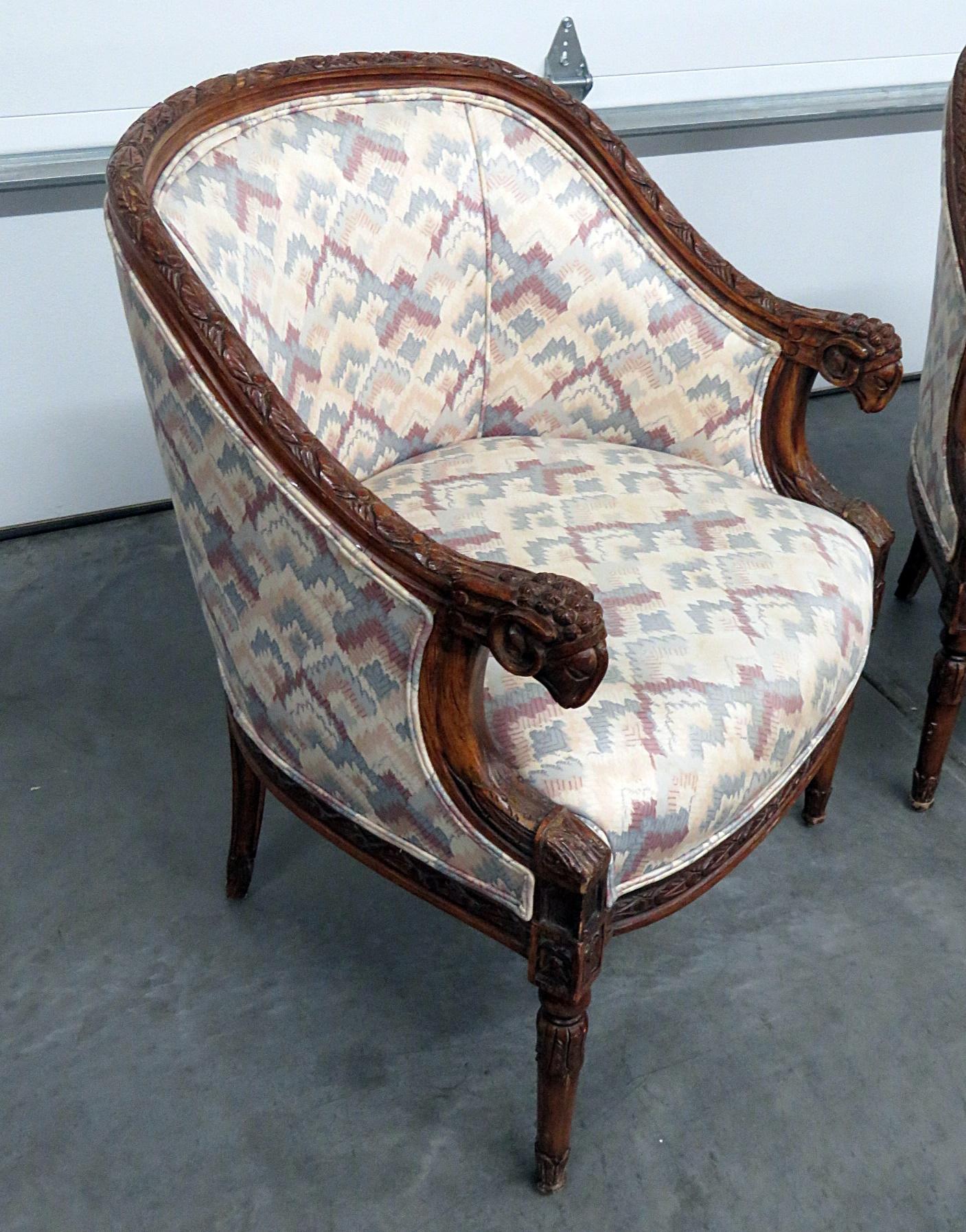 20th Century Pair of French Carved Mahogany Rams Head Bergere chairs C1940s