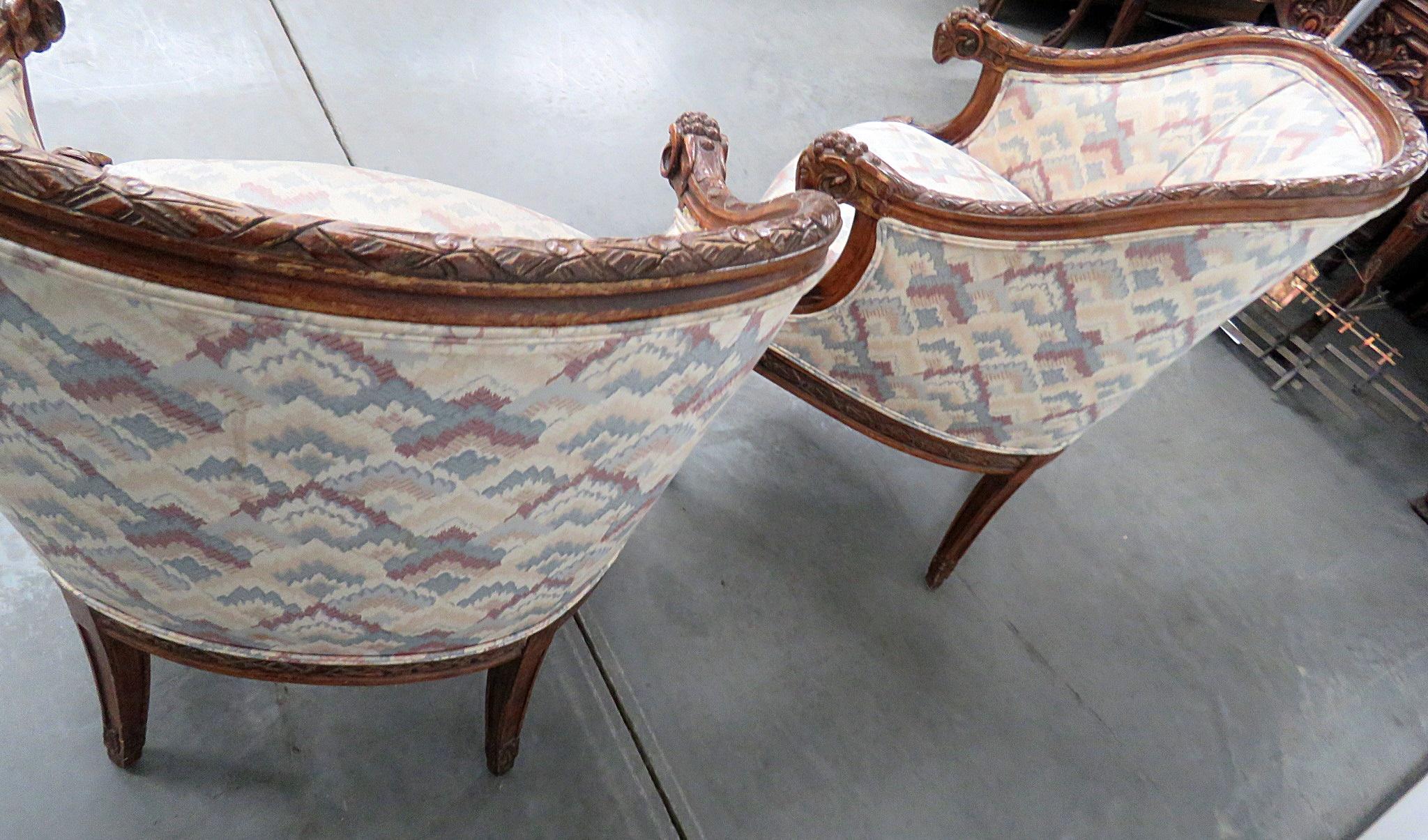 Pair of French Carved Mahogany Rams Head Bergere chairs C1940s 3