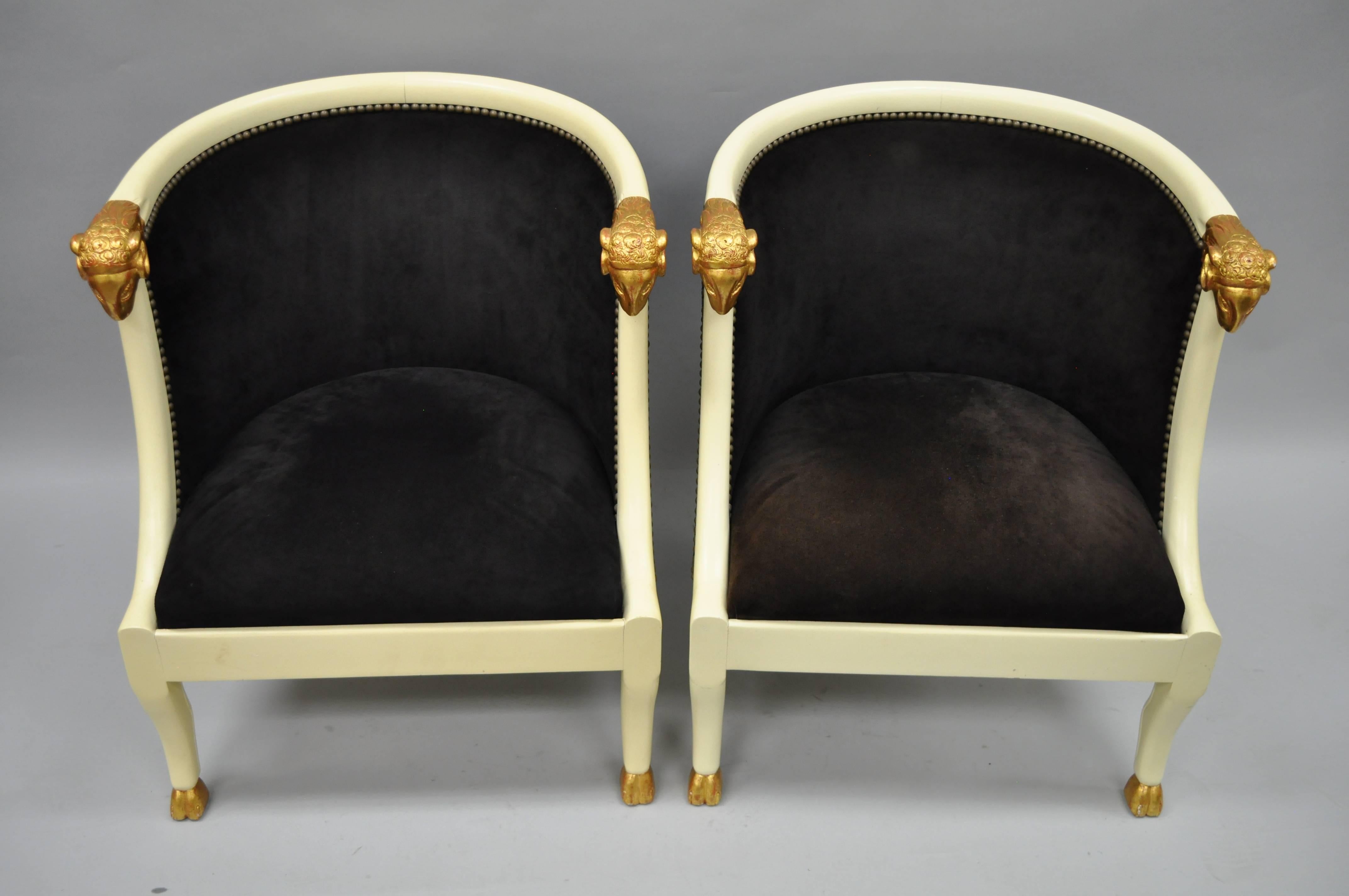 Pair of Ram's Head Regency Neoclassical Style Barrel Back Chairs with Hoof Feet For Sale 2