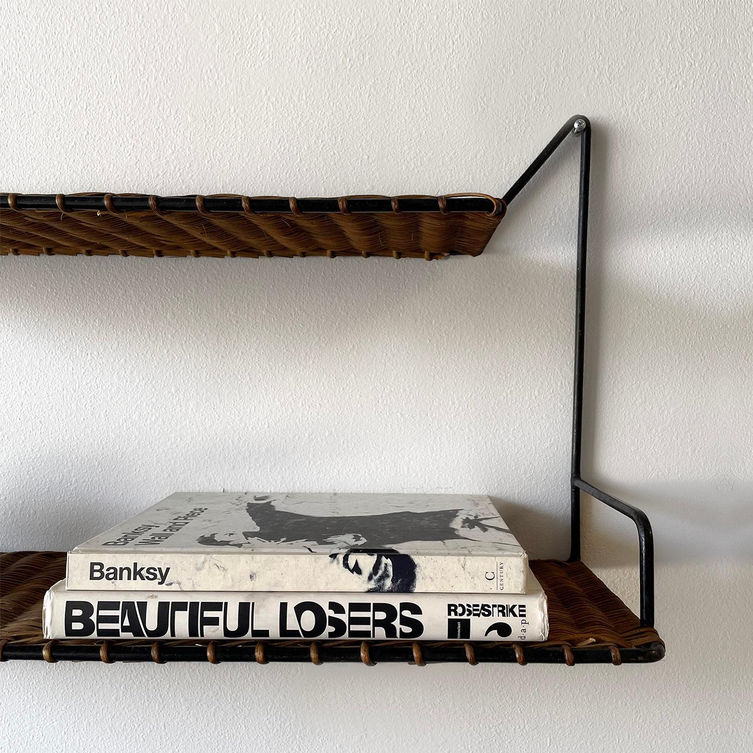 Mid-20th Century Pair of Raoul Guys French Wicker and Iron Wall Shelves  For Sale