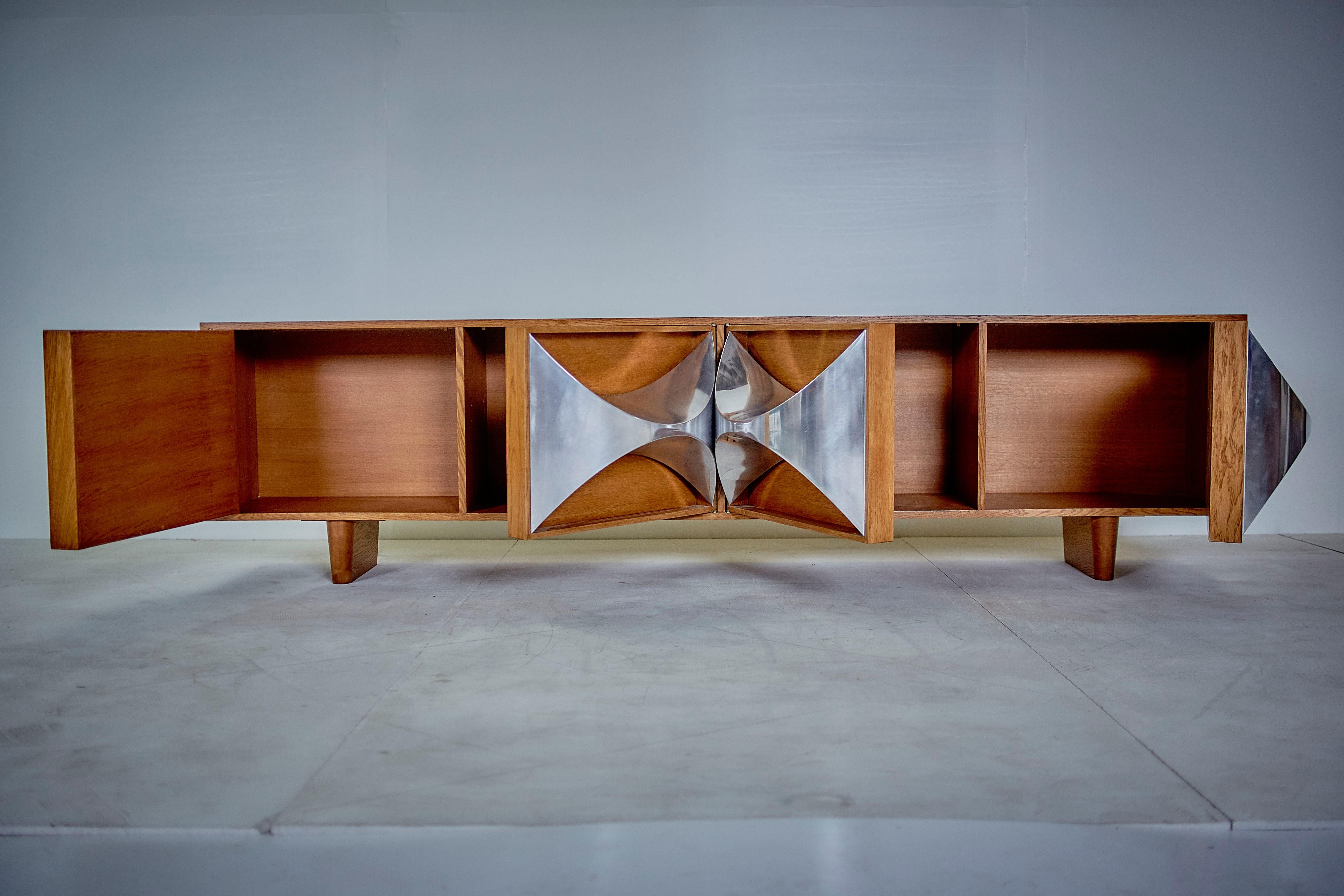 Pair of Raphaël Midcentury Stainless Steel and Oakwood French Credenzas, 1973 6