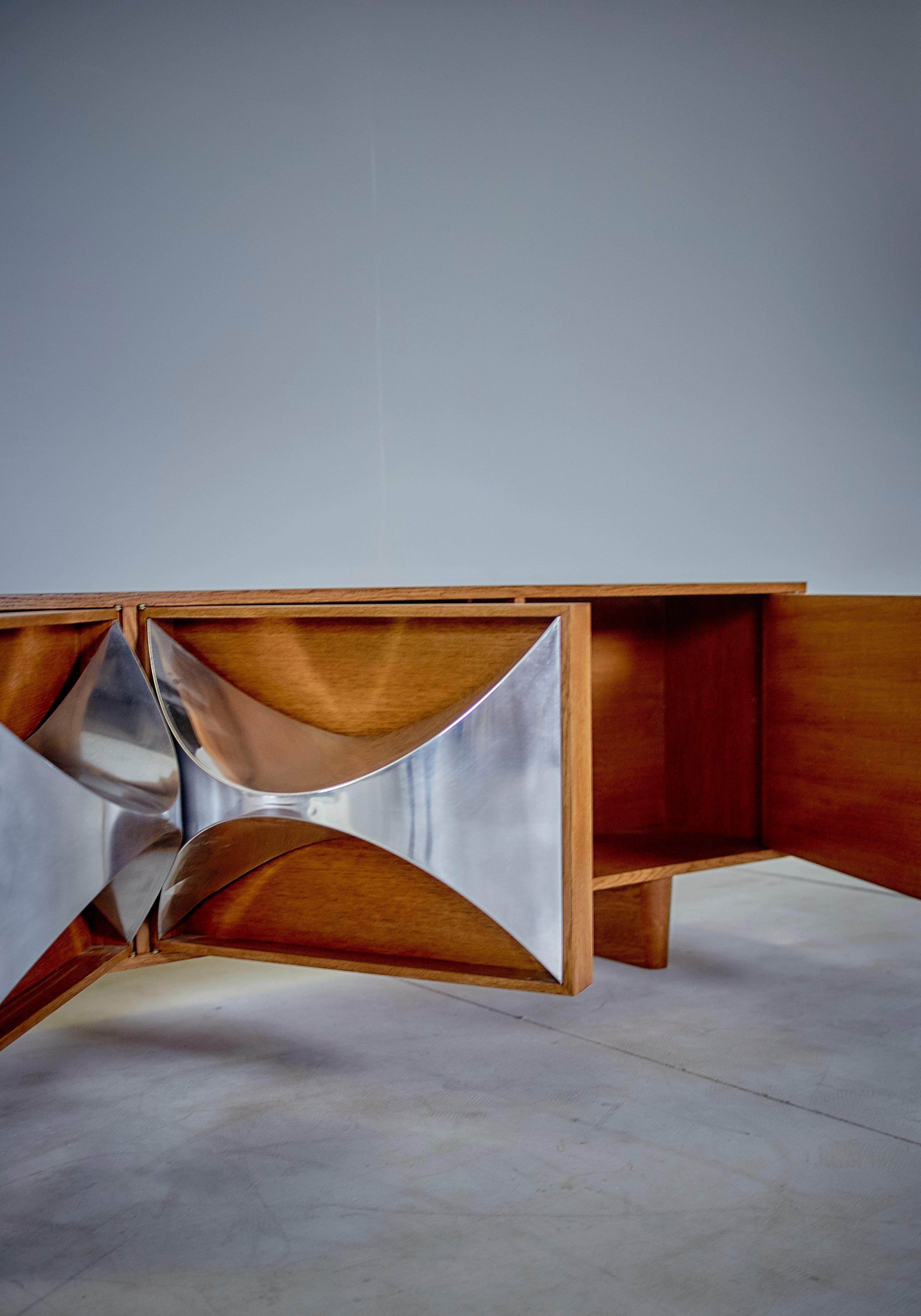 Pair of Raphaël Midcentury Stainless Steel and Oakwood French Credenzas, 1973 7