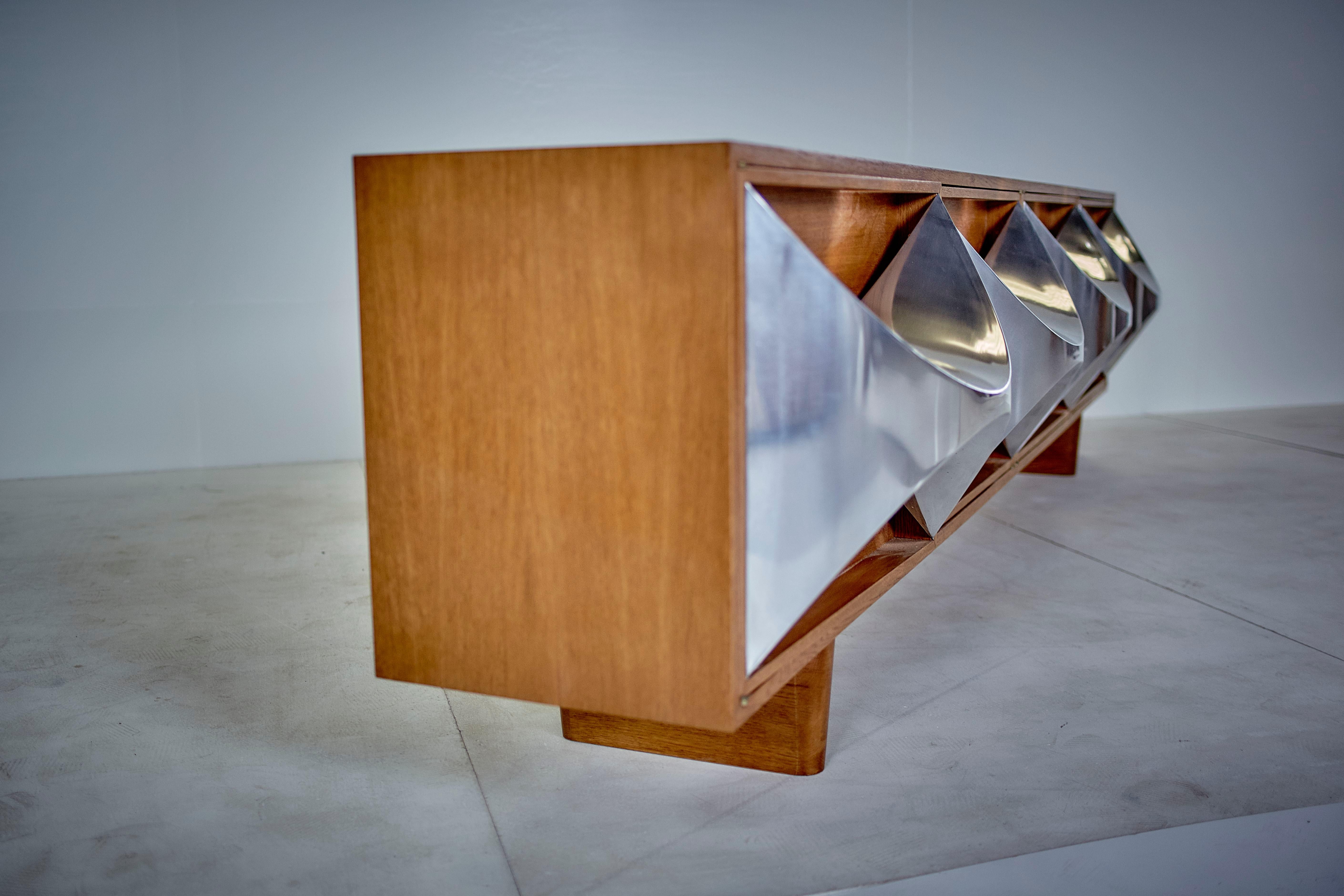 Pair of Raphaël Midcentury Stainless Steel and Oakwood French Credenzas, 1973 10