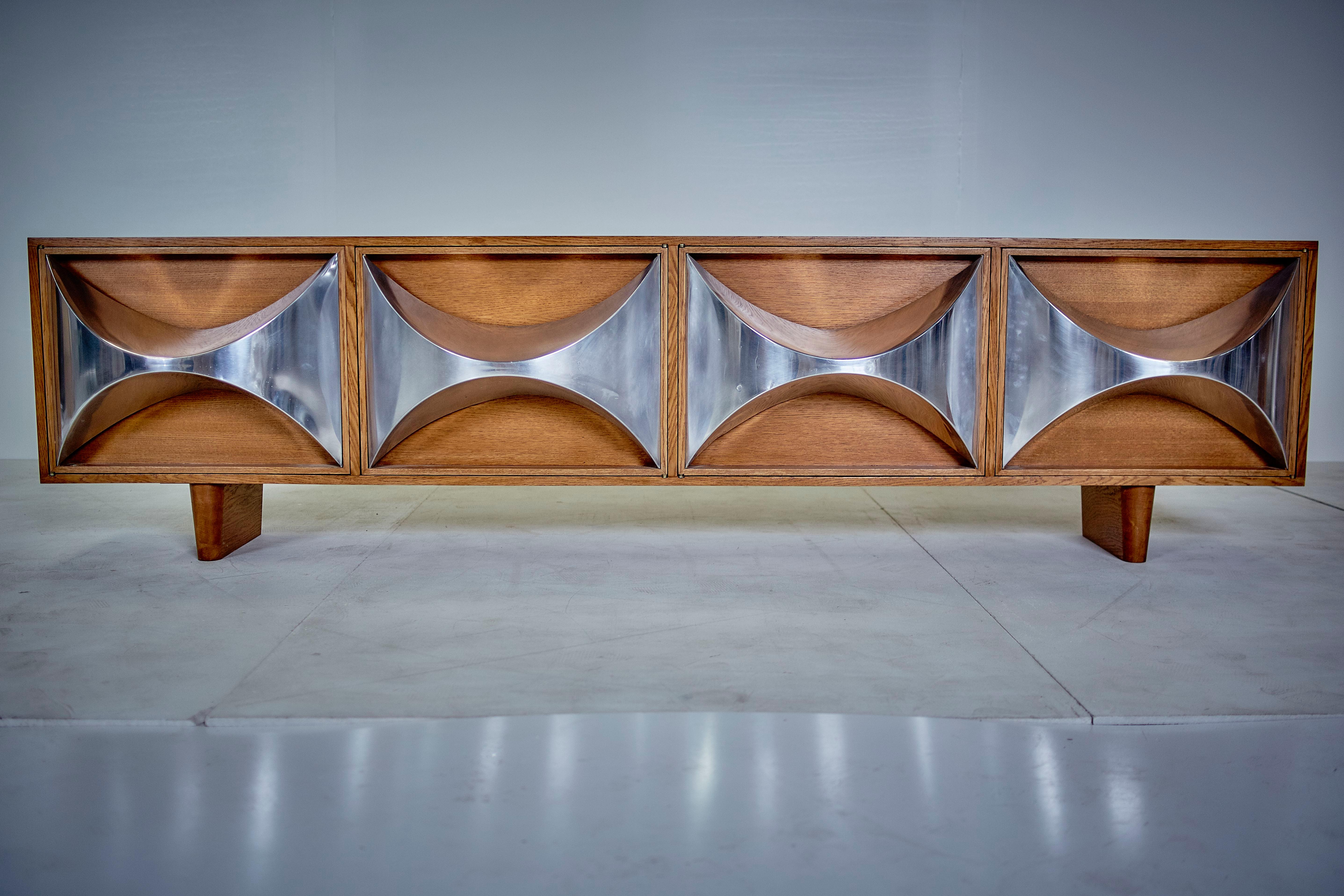 Pair of Raphaël Midcentury Stainless Steel and Oakwood French Credenzas, 1973 In Good Condition In Milan, IT
