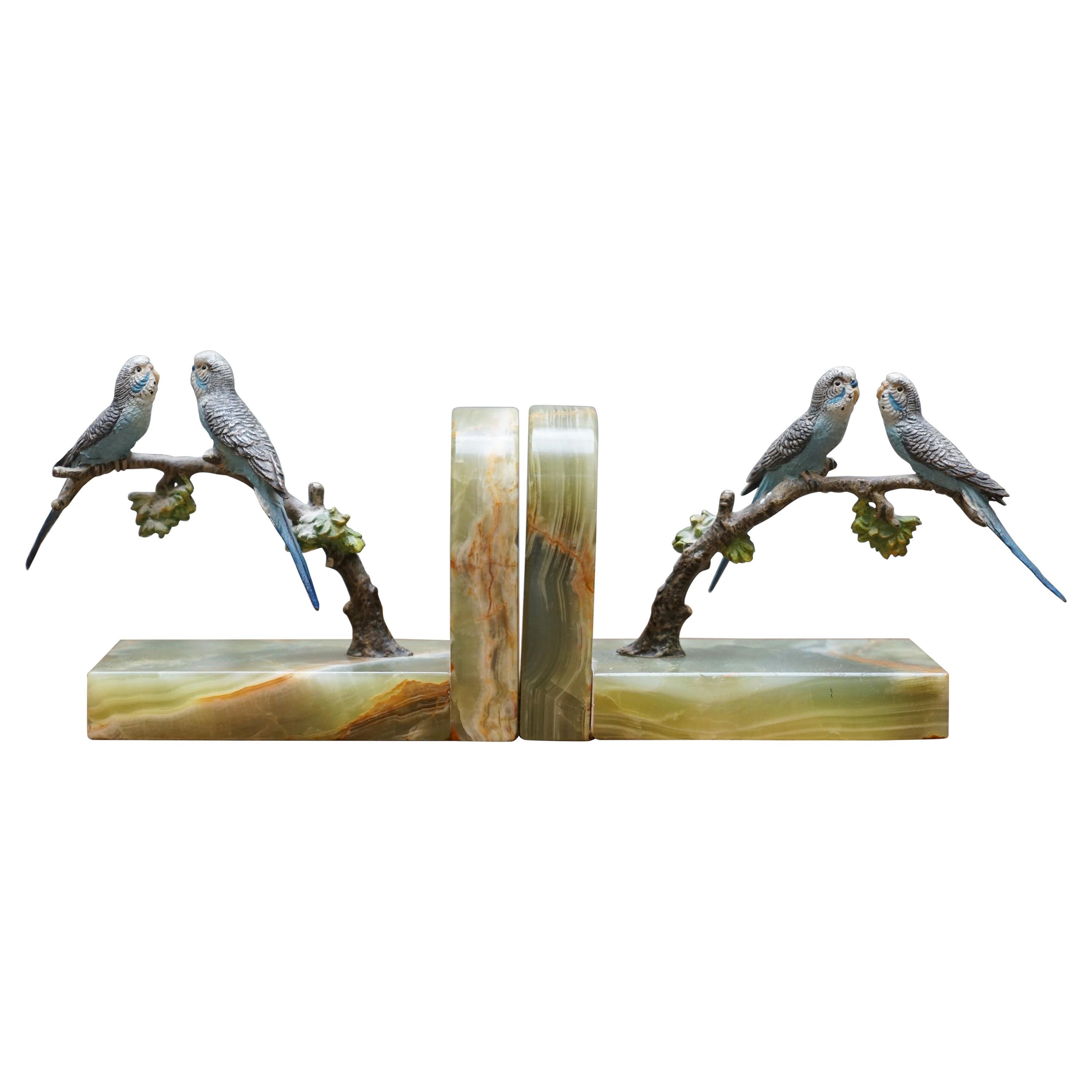 Pair of Rare 1920 Austrian Vienna Cold Painted Bronze Bookends Birds of Paradise