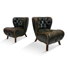 Pair of Rare 1940s Danish Lounge Slipper Chairs in Green Patinated Leather
