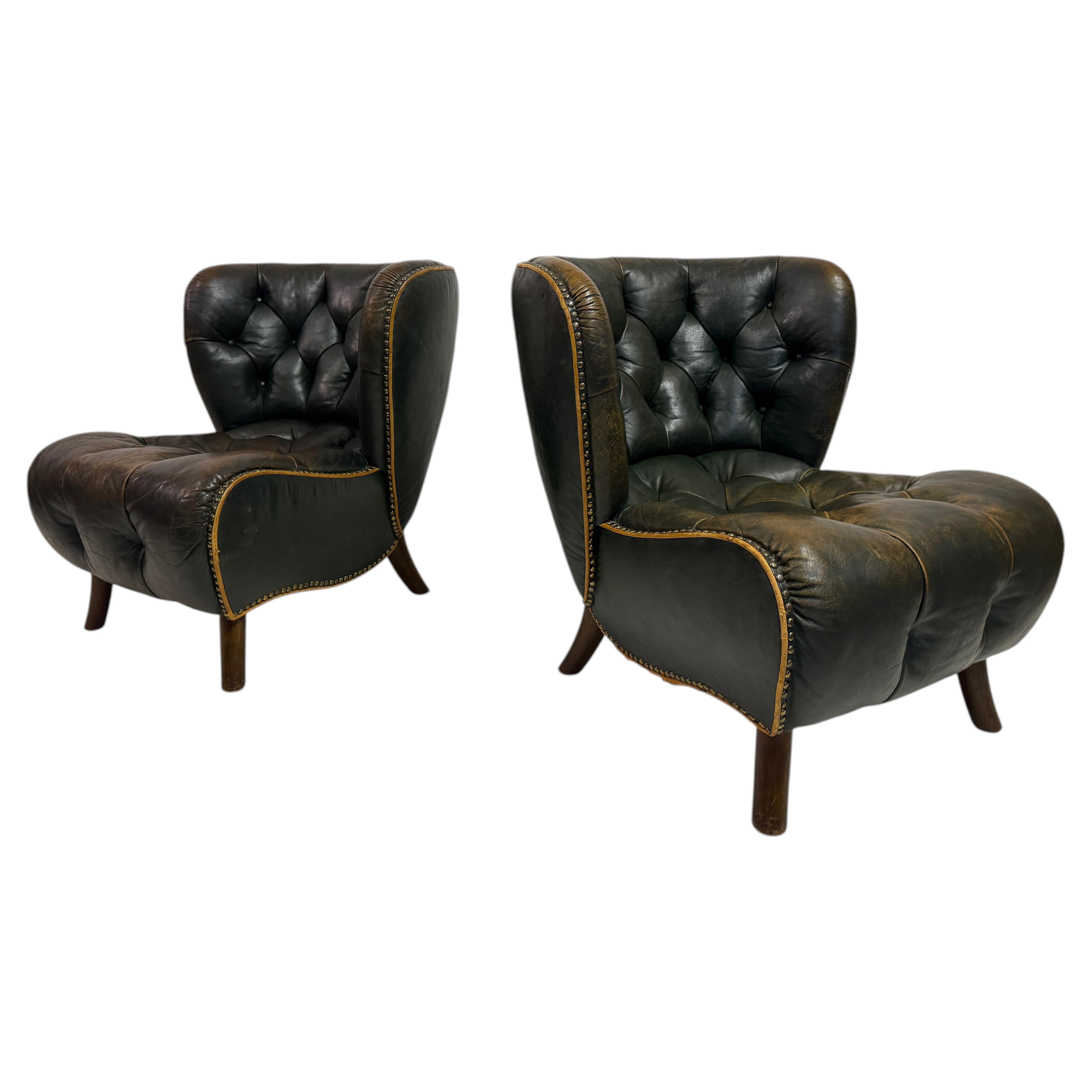 Pair of Rare 1940s Danish Lounge Slipper Chairs in Green Patinated Leather For Sale